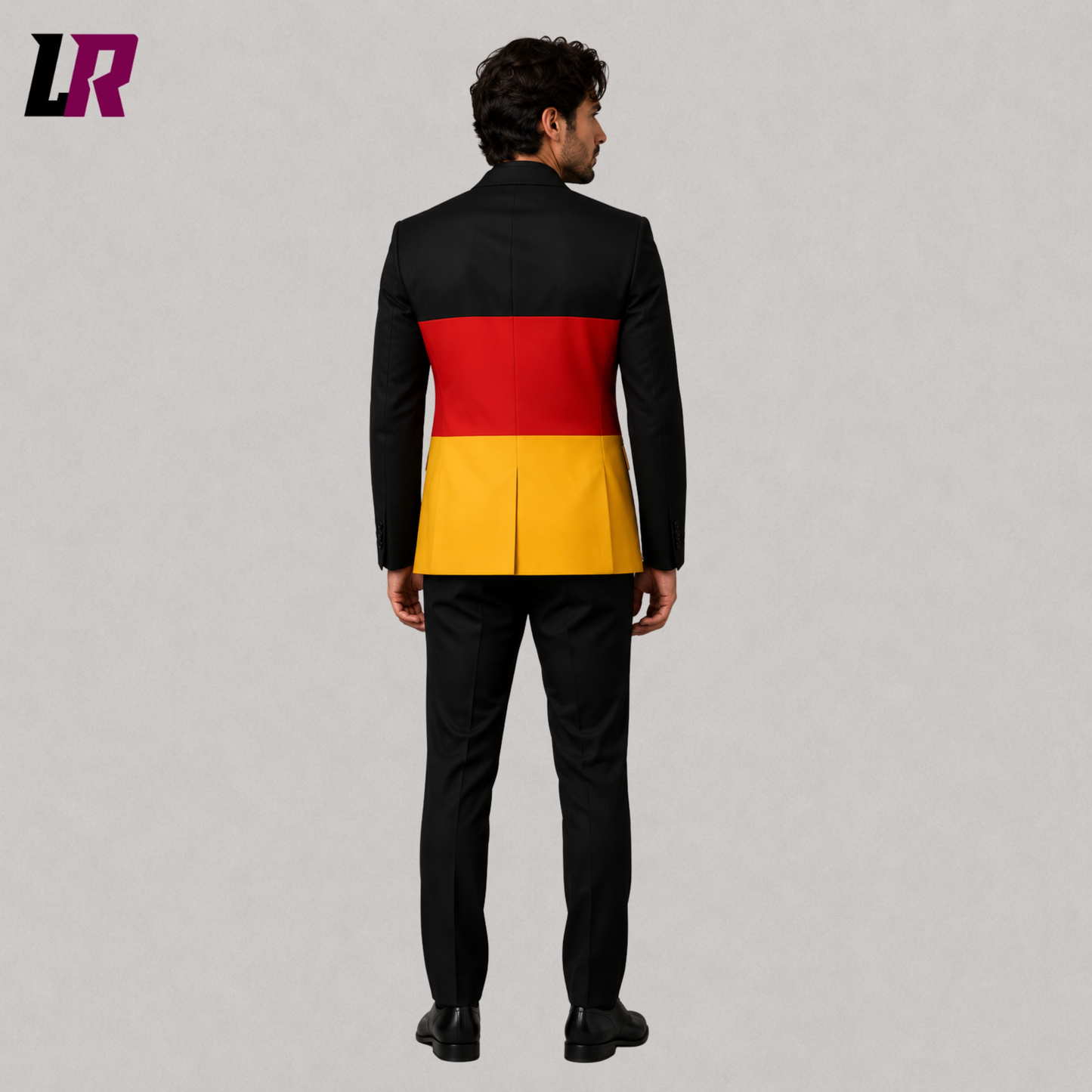 Back view of German Flag blazer and pants showcasing the full black red and gold flag design