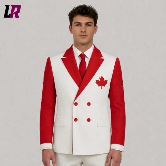 Close-up of custom Canada Flag blazer featuring premium maple leaf design and tailored craftsmanship