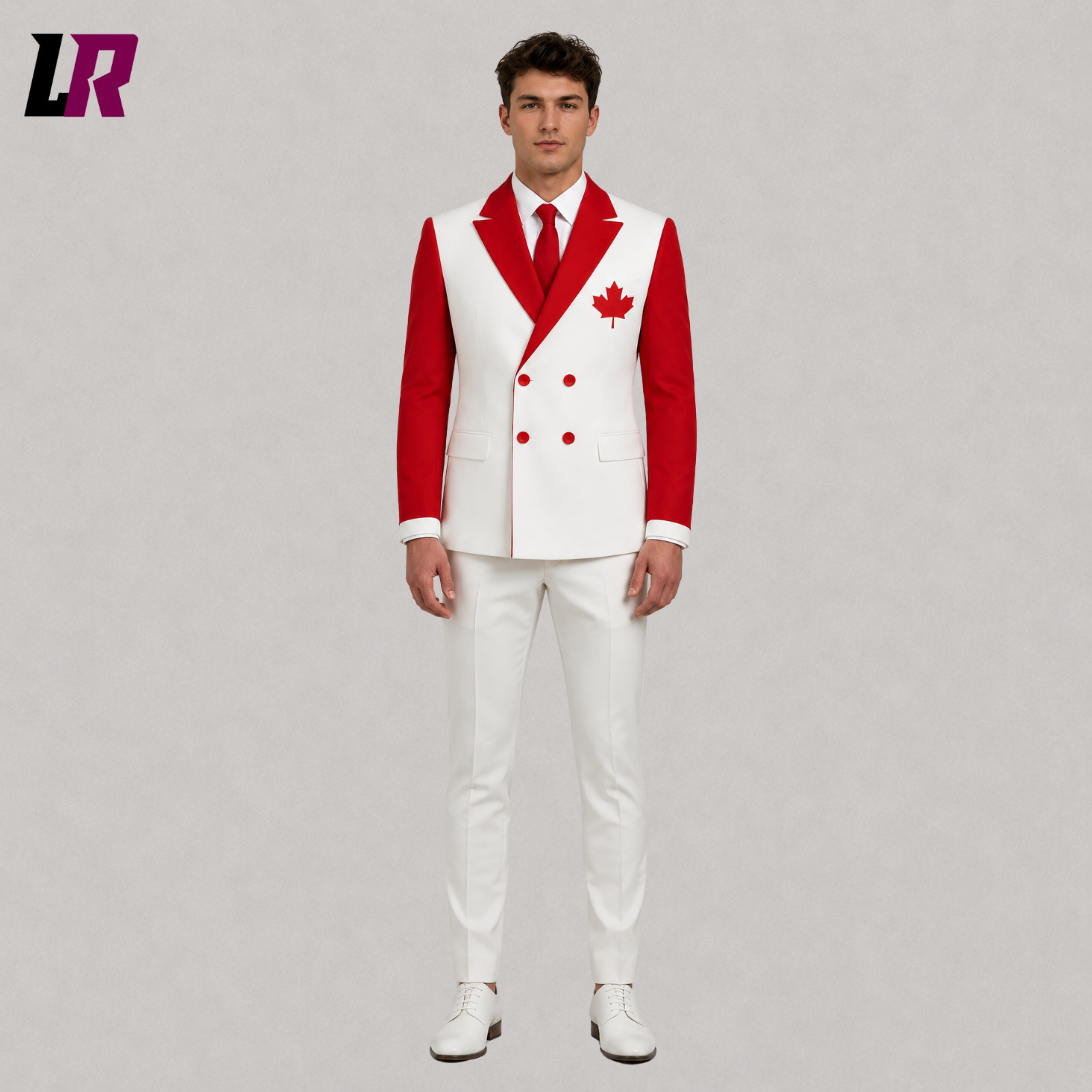 Front view of Canada Flag Suit with patriotic blazer and matching pants
