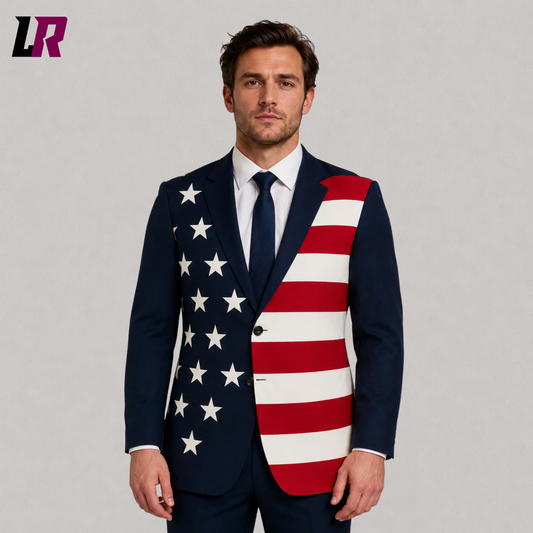 Close-up of handmade USA Flag patriotic blazer featuring premium American flag design and tailored craftsmanship