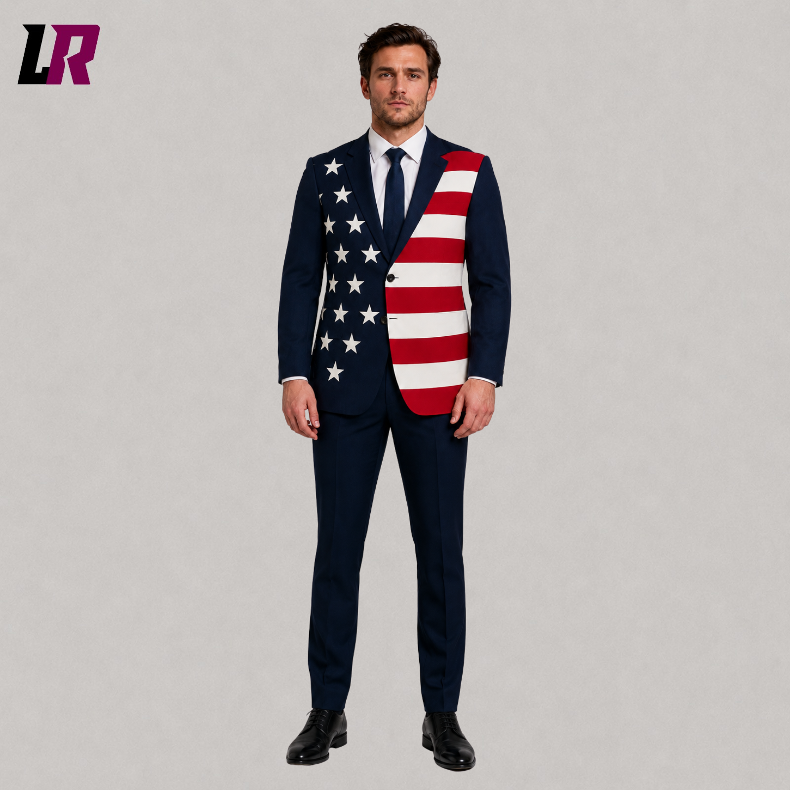 Front view of handmade USA Flag Suit with patriotic blazer and matching pants for Independence Day celebrations