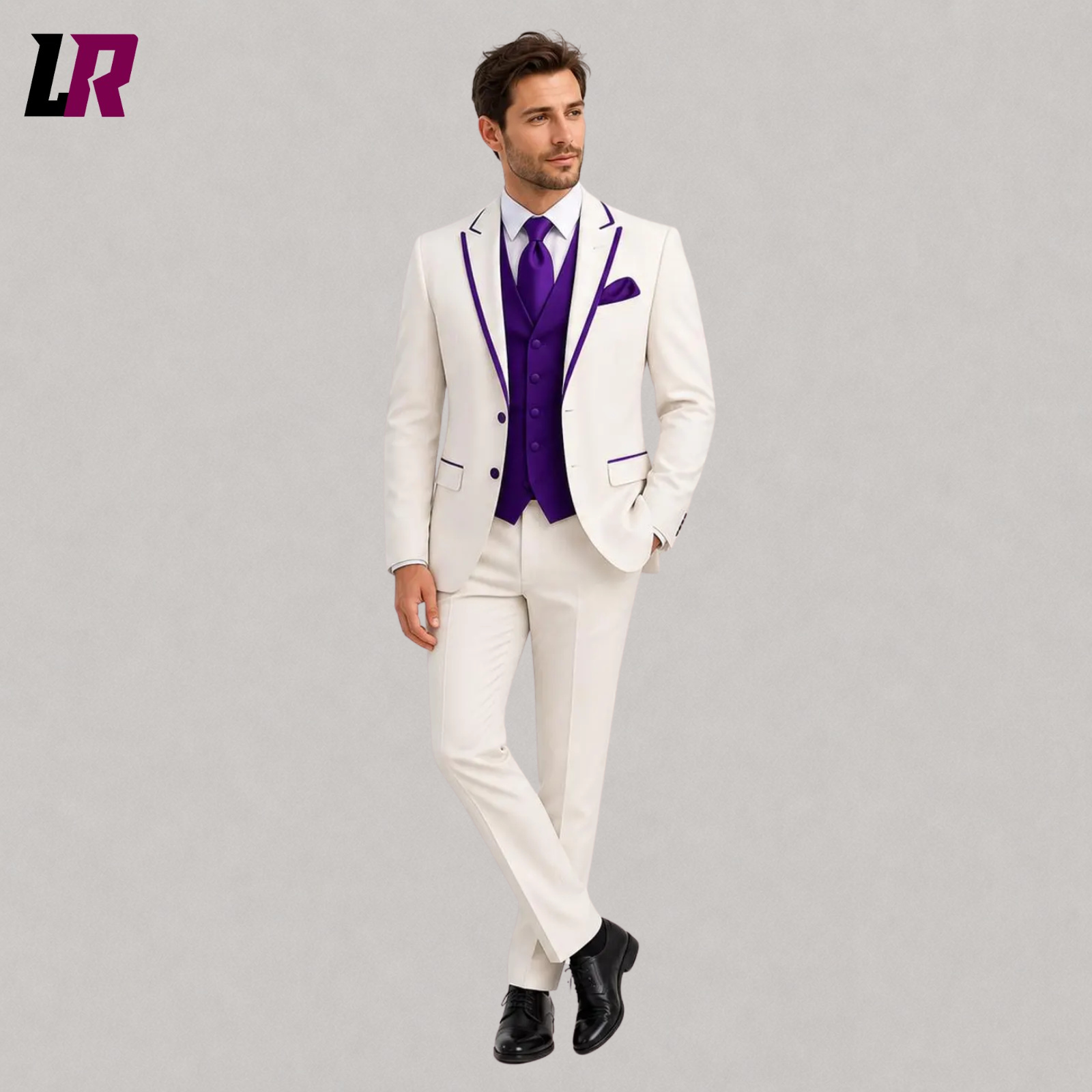 Full-body front view of a male model wearing an ivory slim-fit wedding tuxedo with a royal purple vest and tailored formal trousers.