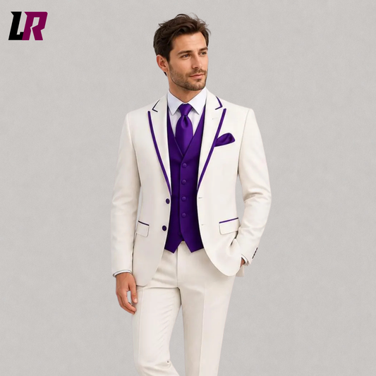 Close-up front view of an ivory wedding tuxedo with a royal purple vest, black bow tie, and premium tailored details.