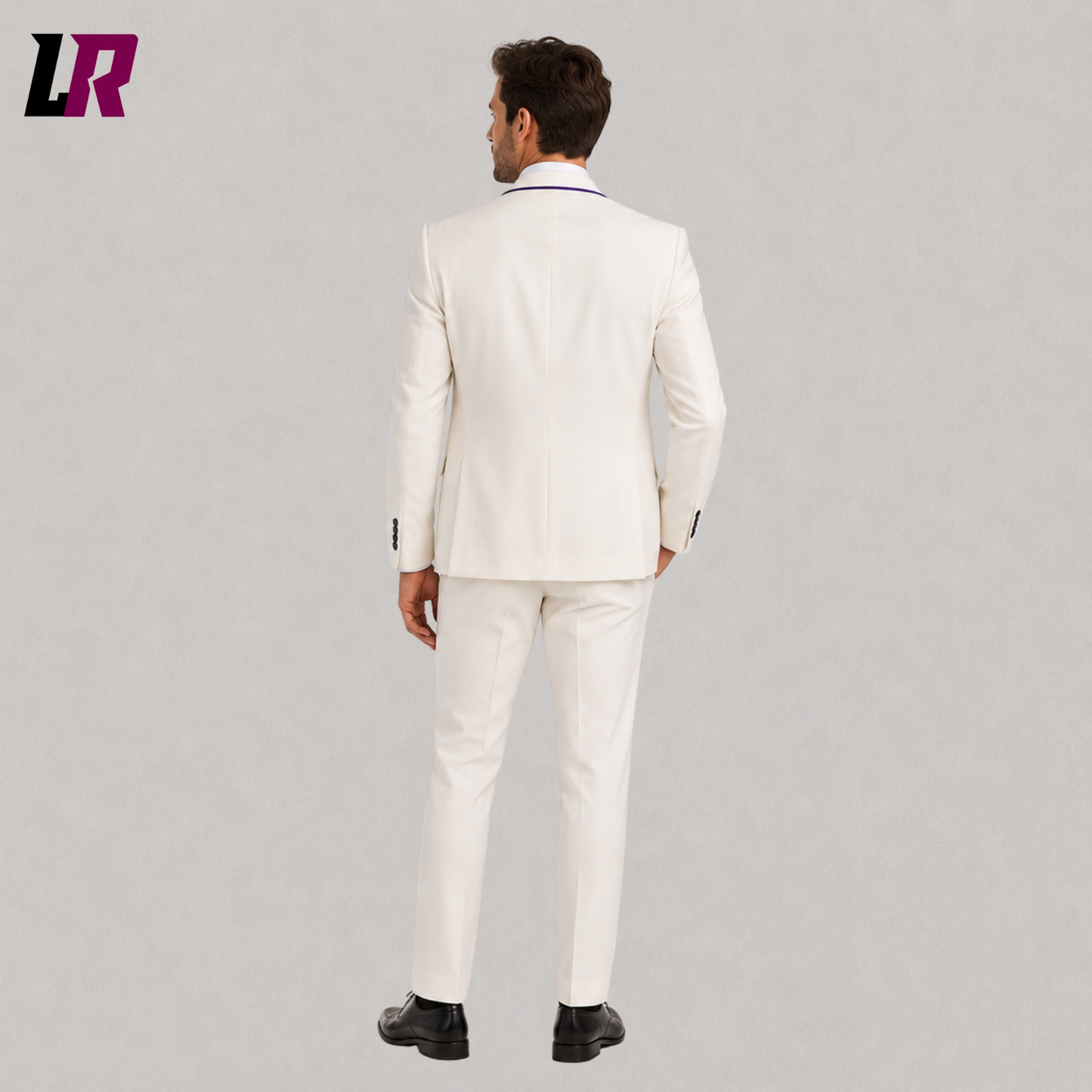 Back view of an ivory wedding tuxedo showcasing the clean tailored fit and elegant formal design.