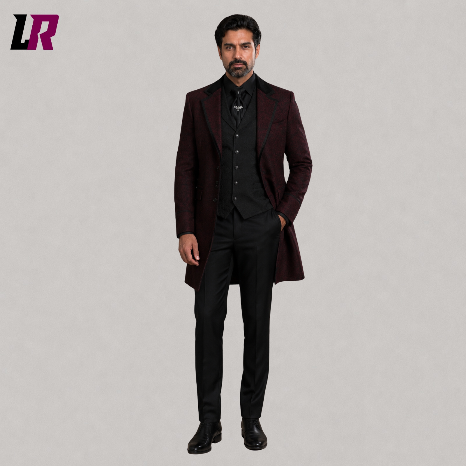 Full front view of men's burgundy Gothic brocade blazer styled for Victorian and formal occasions