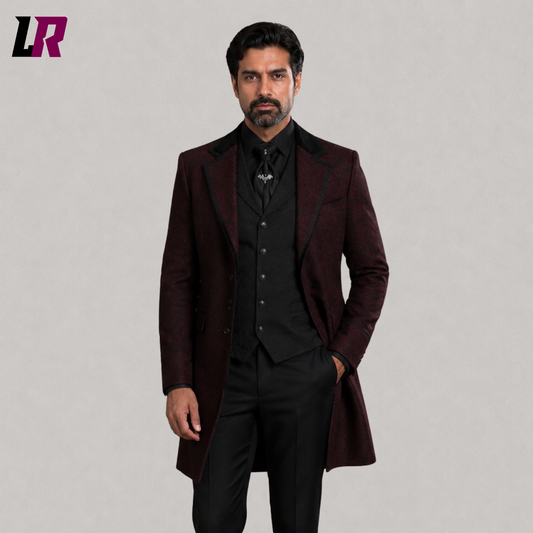Close-up of men's burgundy Gothic brocade blazer featuring luxurious Victorian floral detailing