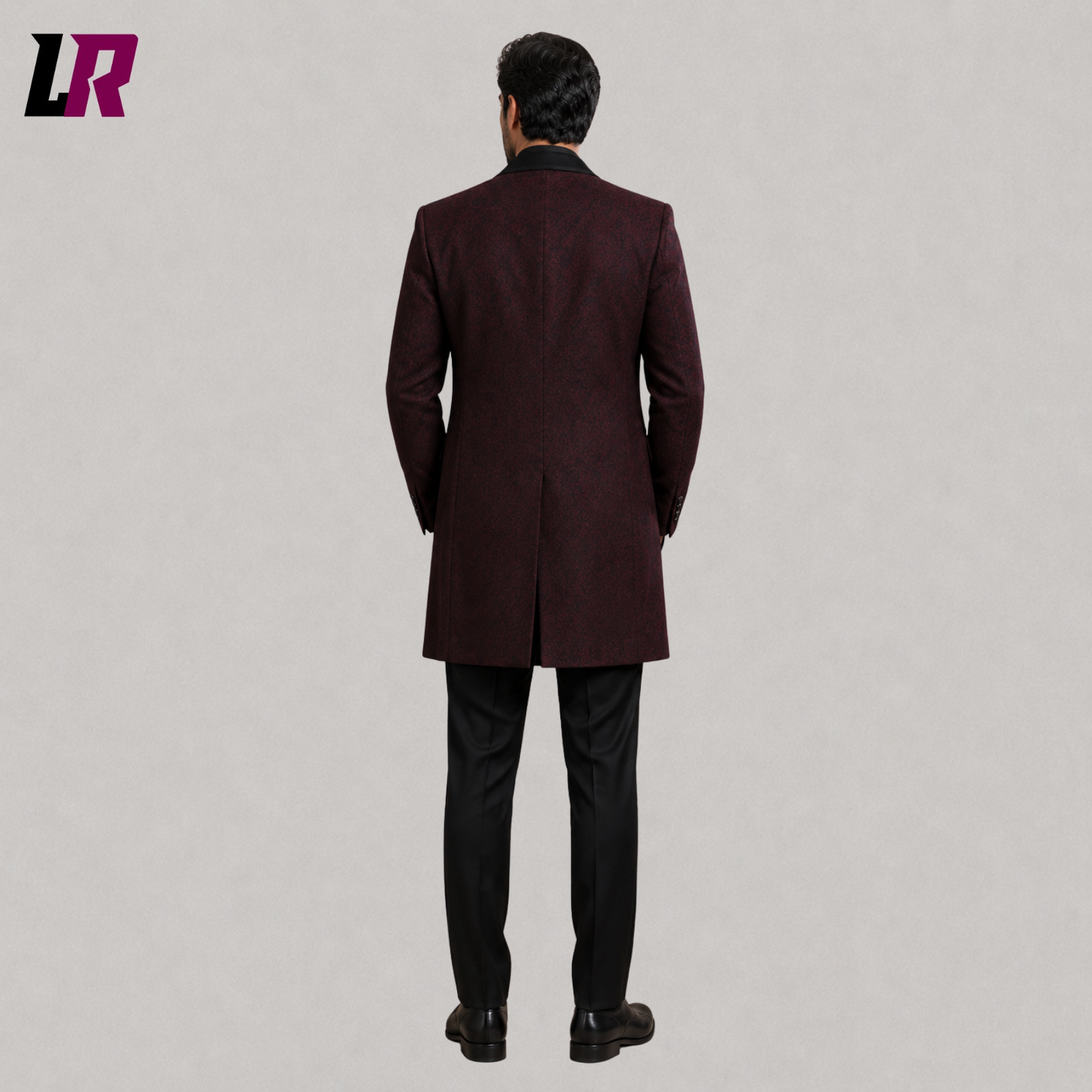 Back view of men's burgundy Gothic brocade blazer showcasing elegant tailored craftsmanship