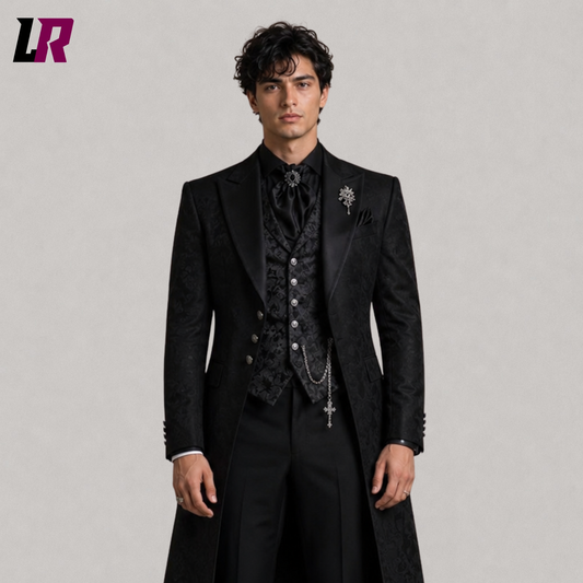 Close-up of men's black Victorian Gothic tailcoat suit featuring premium jacquard brocade detailing
