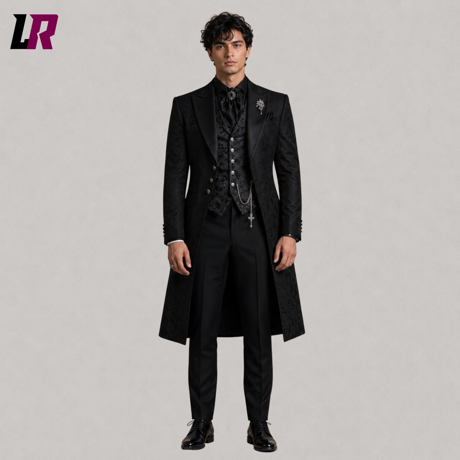 Full front view of men's black Victorian Gothic 3-piece tailcoat suit with matching waistcoat and trousers