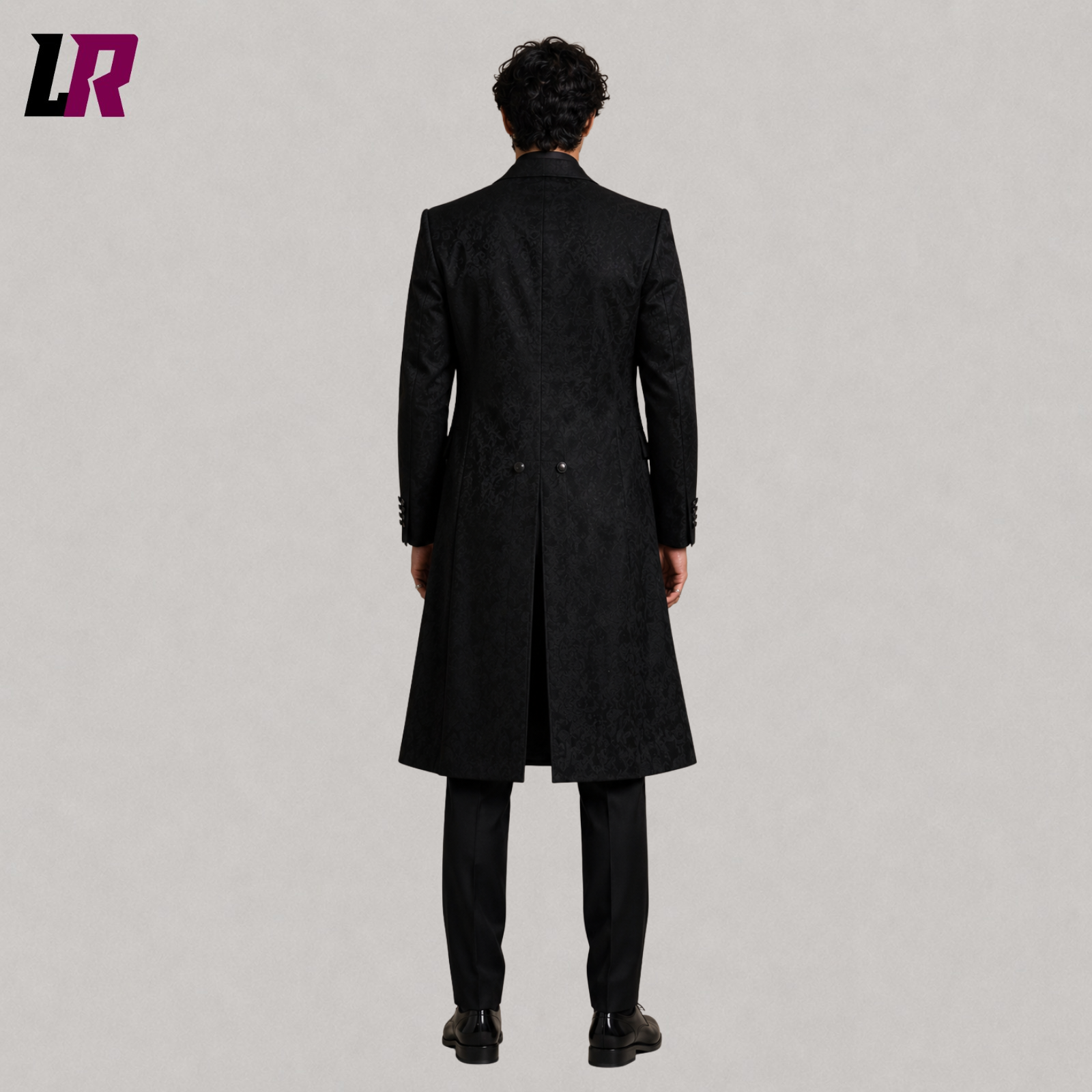 Back view of men's black Victorian tailcoat suit showcasing the elegant long Gothic tailcoat design