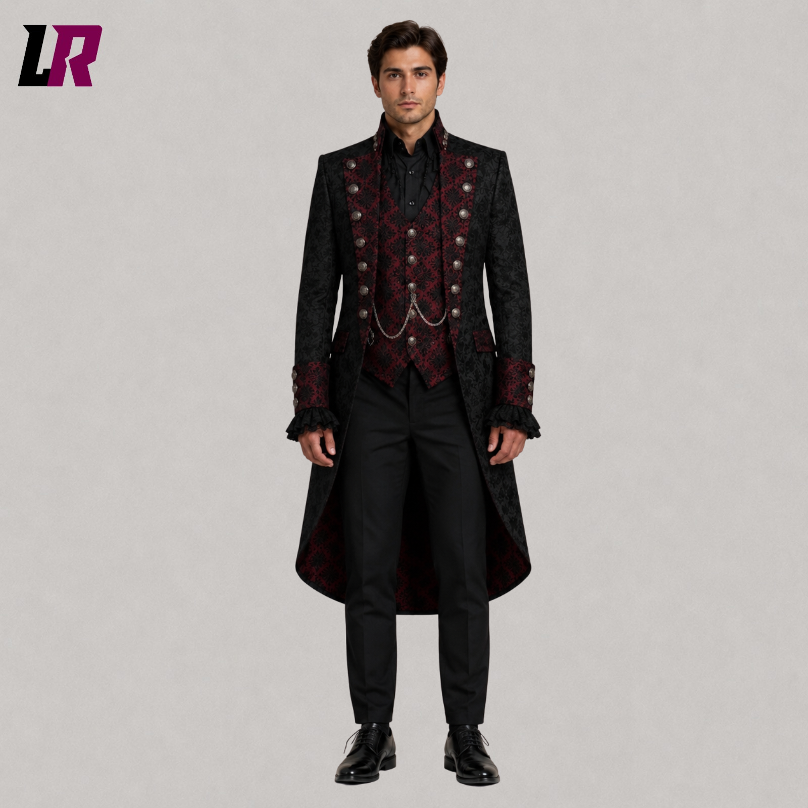 Full front view of men's black burgundy Victorian Gothic tailcoat styled for weddings and formal events