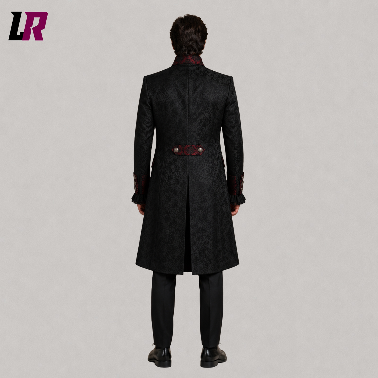 Back view of men's black burgundy Gothic tailcoat showcasing the elegant long Victorian silhouette
