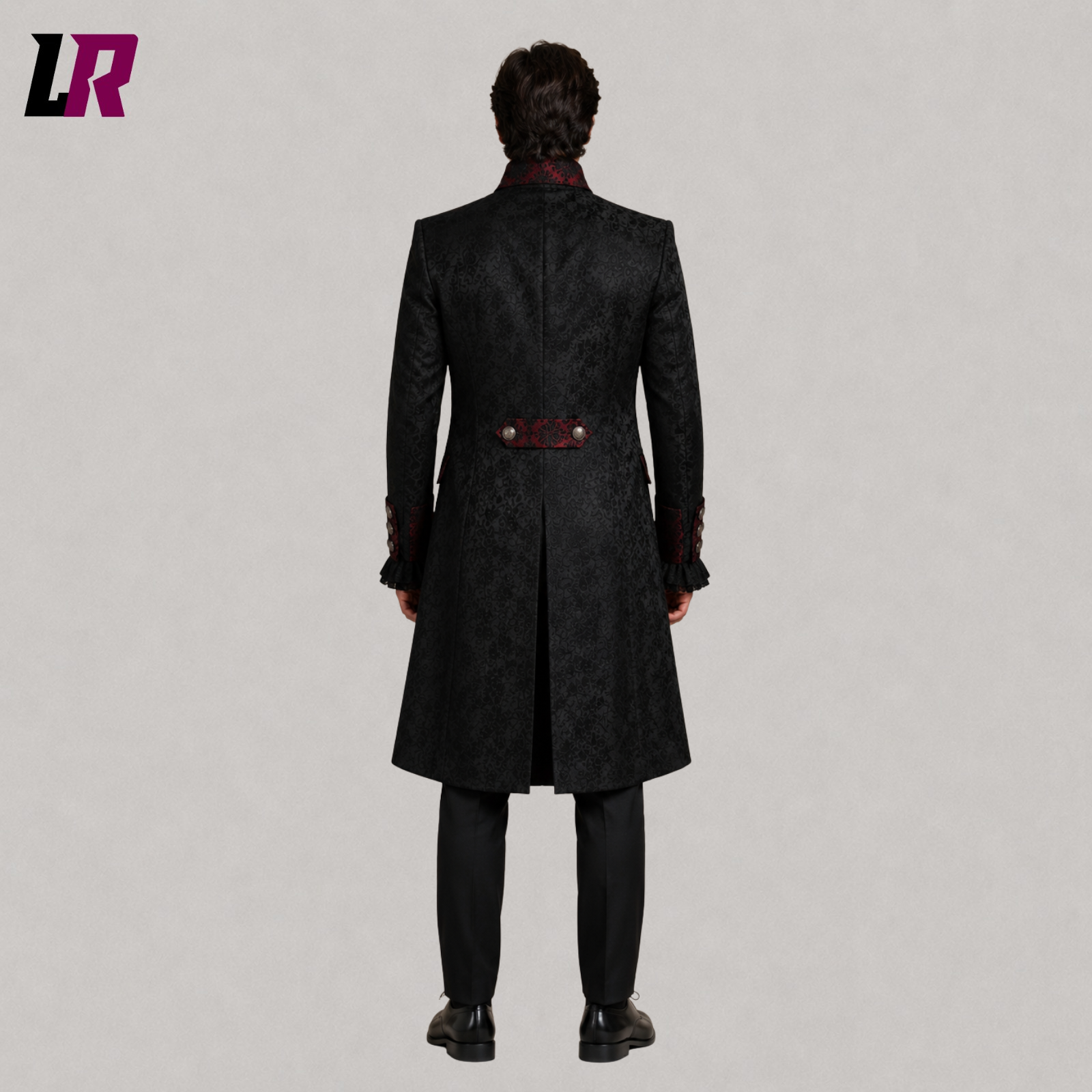 Back view of men's black burgundy Gothic tailcoat showcasing the elegant long Victorian silhouette