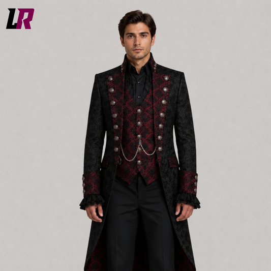 Close-up of men's black burgundy Gothic tailcoat featuring Victorian-inspired luxury detailing
