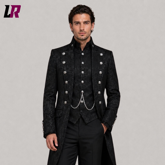 Close-up of men's black Gothic Victorian tailcoat featuring military-inspired luxury detailing