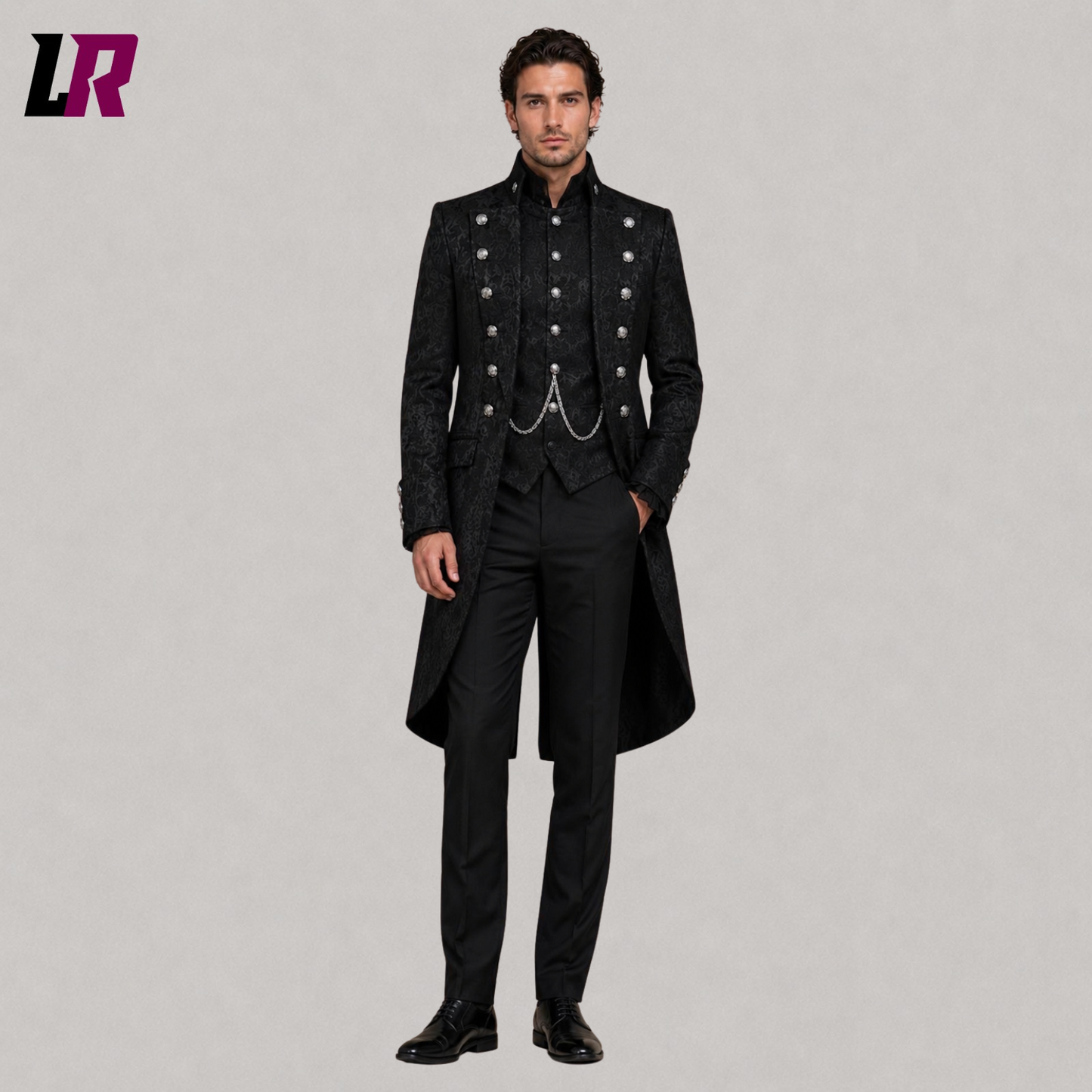 Full front view of men's black Gothic Victorian prince tailcoat styled for weddings and formal occasions