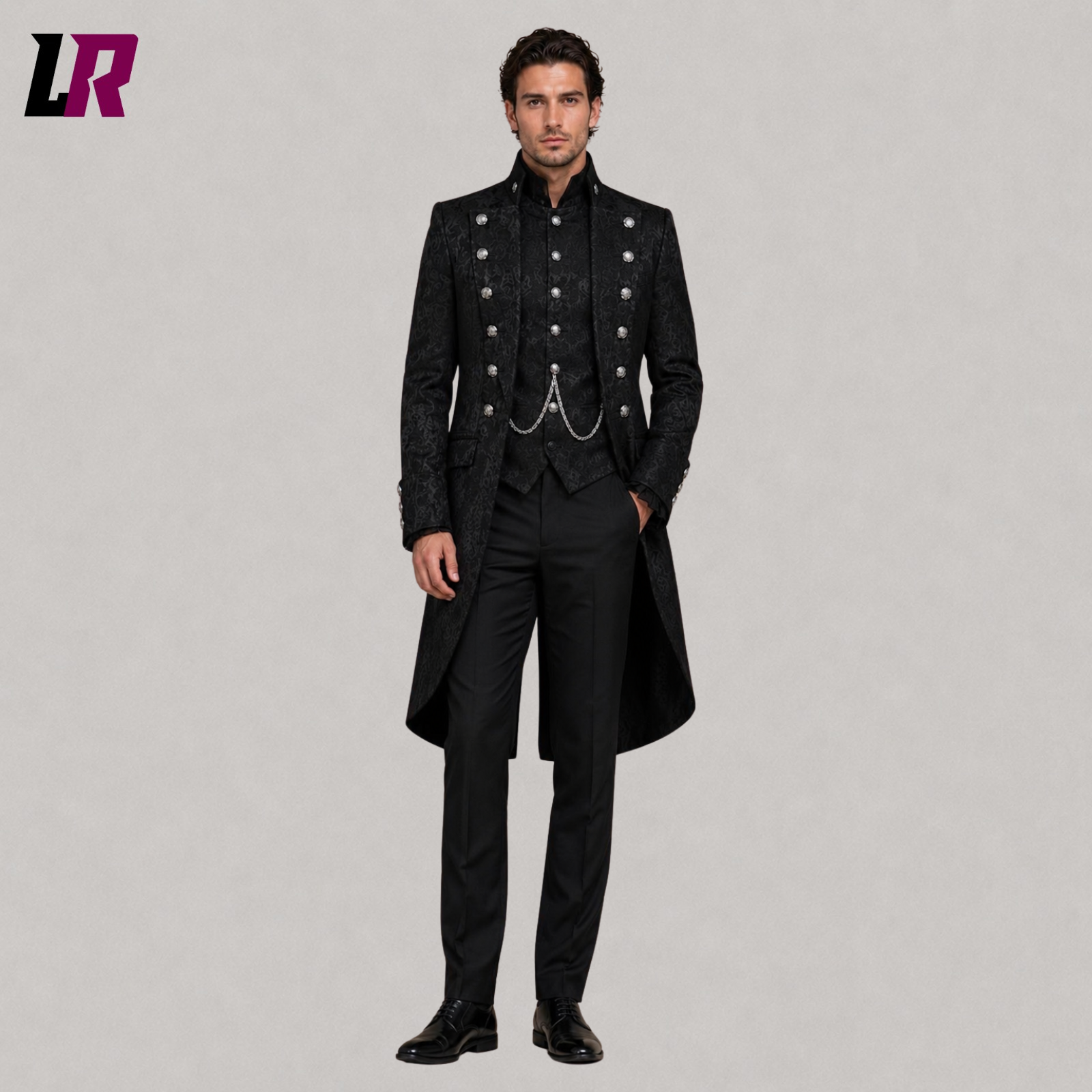 Full front view of men's black Gothic Victorian prince tailcoat styled for weddings and formal occasions