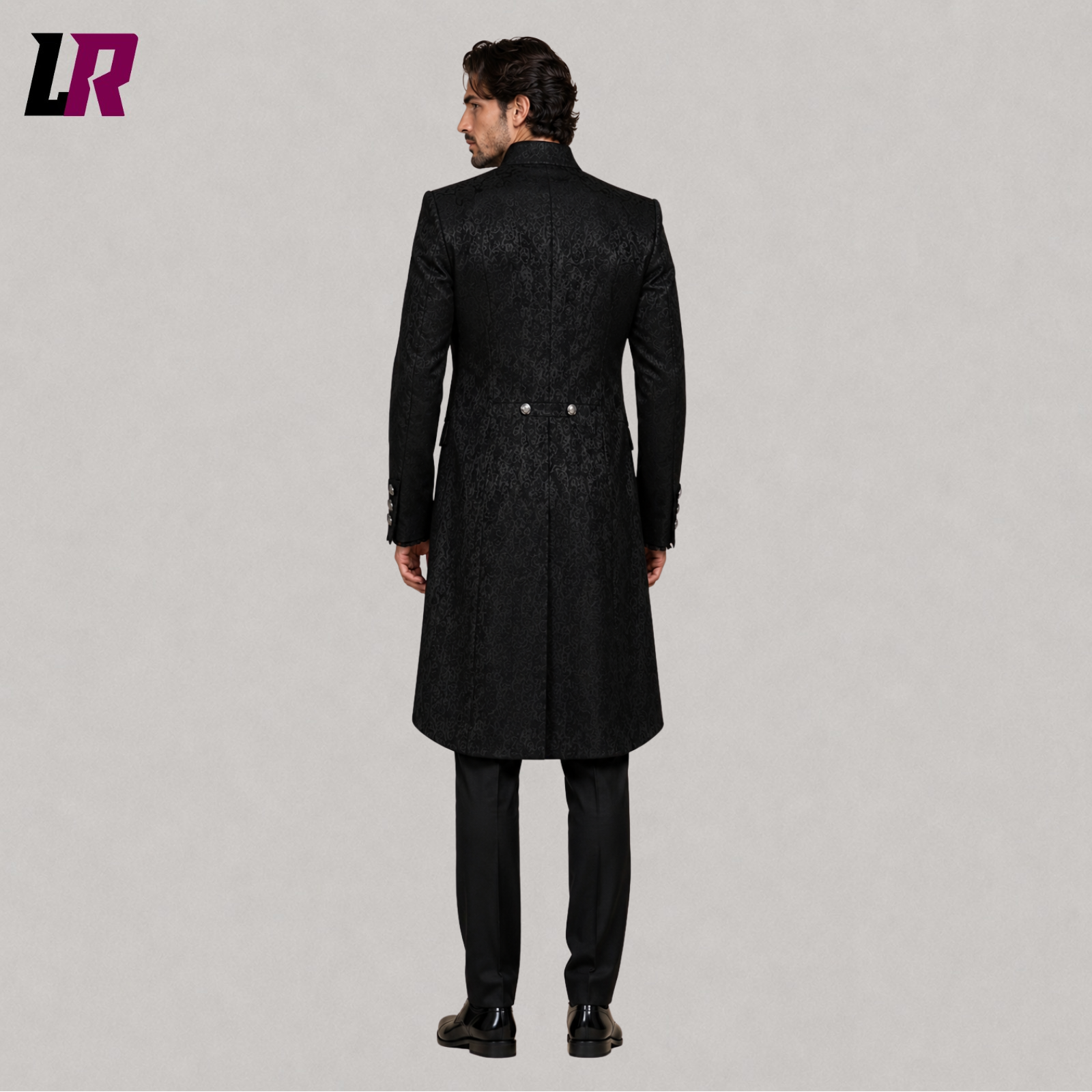 Back view of men's black Gothic tailcoat showcasing the elegant long Victorian prince coat design