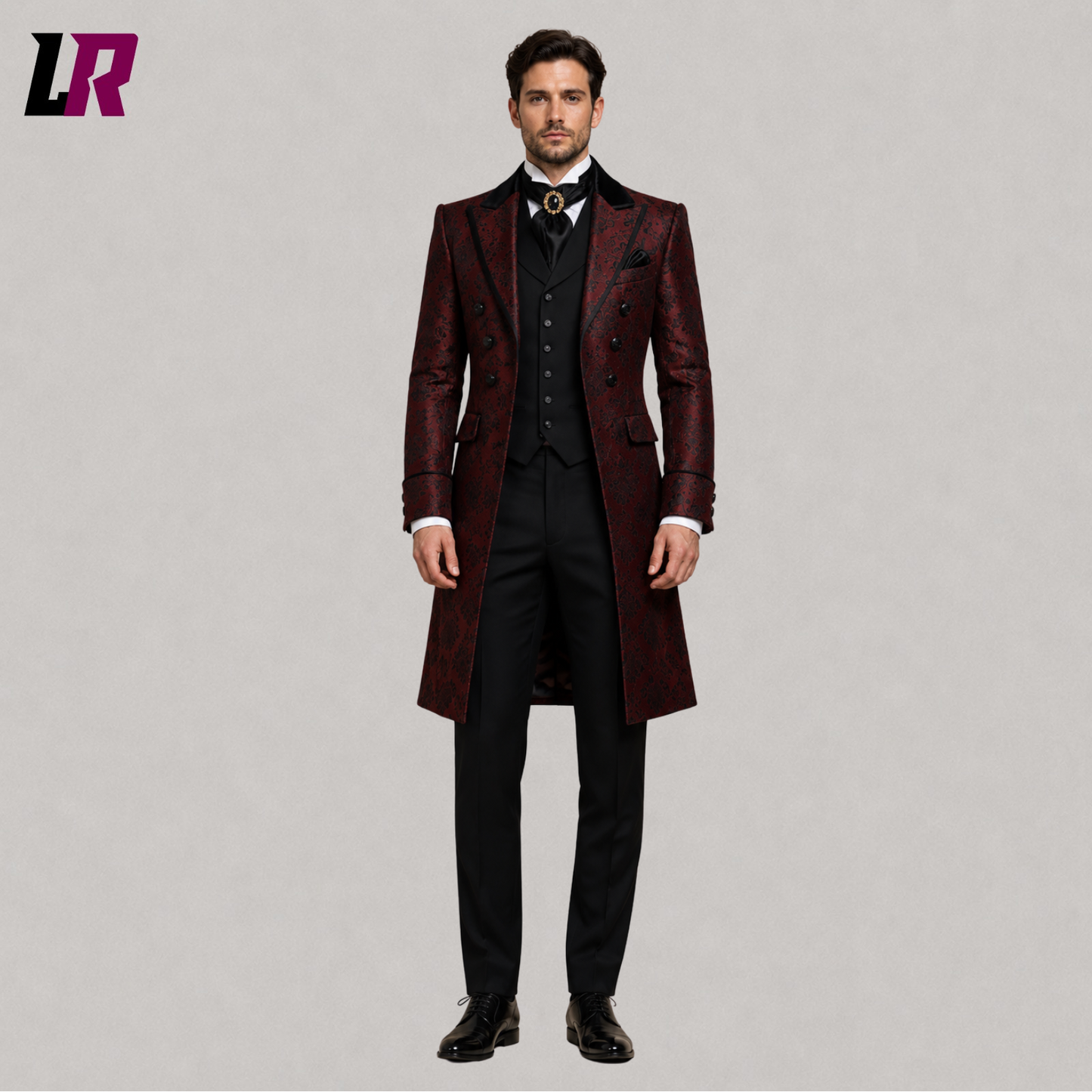 Full front view of men's red Gothic Victorian tailcoat suit styled for weddings and formal occasions
