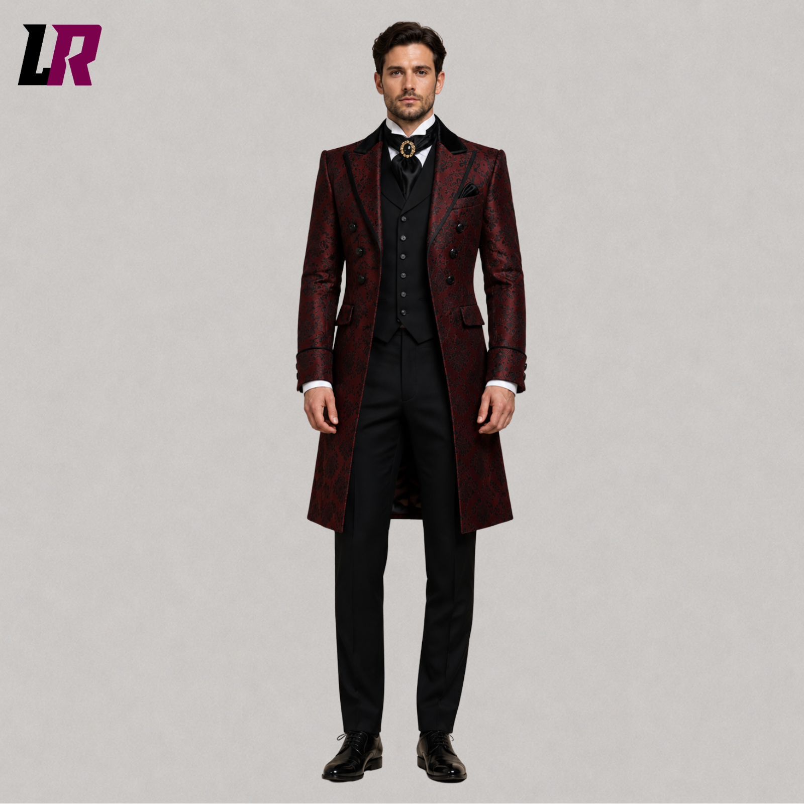 Full front view of men's red Gothic Victorian tailcoat suit styled for weddings and formal occasions