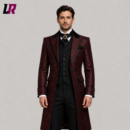 Close-up of men's red Gothic Victorian brocade tailcoat featuring luxurious floral detailing