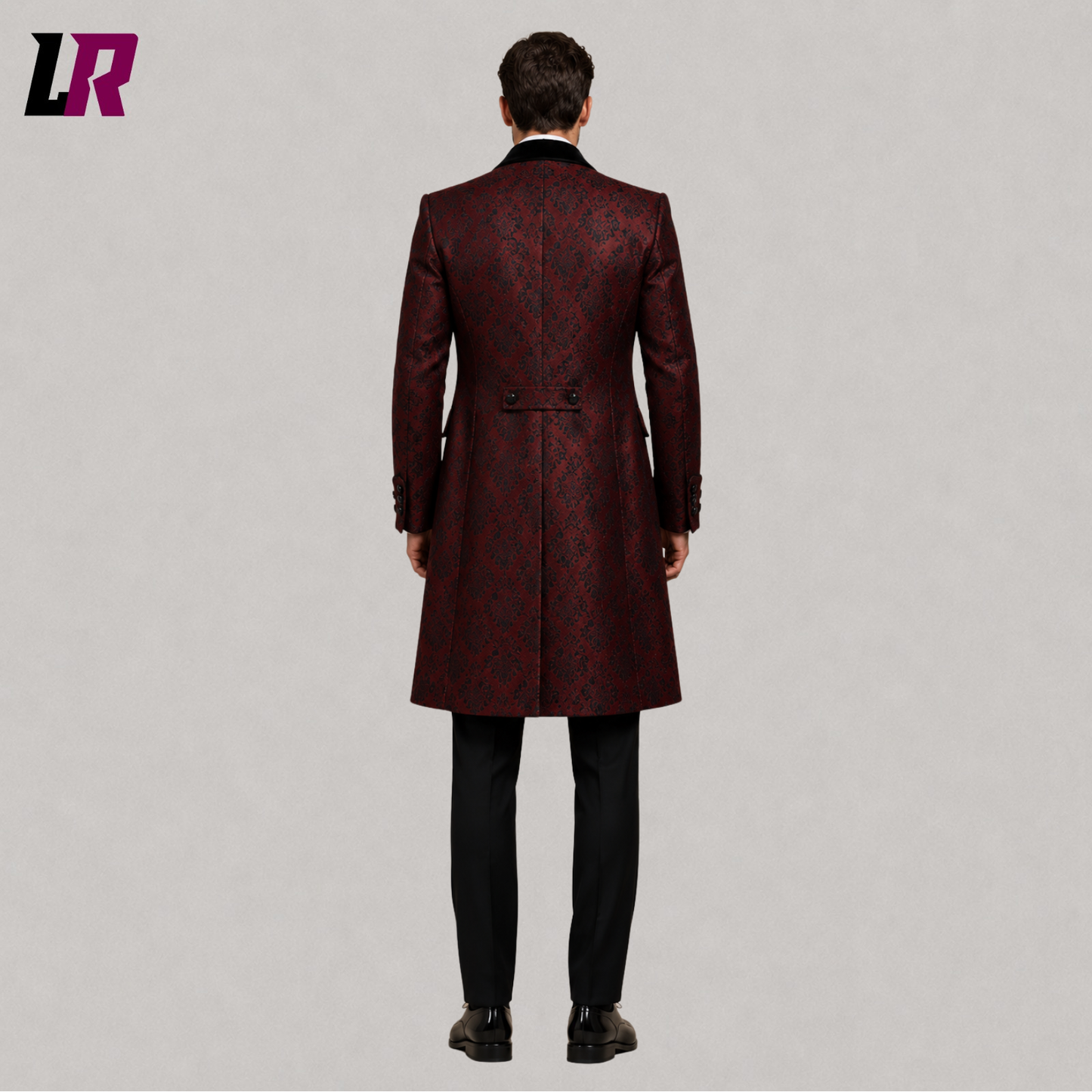 Back view of men's red Gothic Victorian brocade tailcoat showcasing the elegant long frock coat design