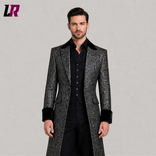 Close-up of men's black silver brocade long coat featuring luxurious Victorian Gothic floral detailing