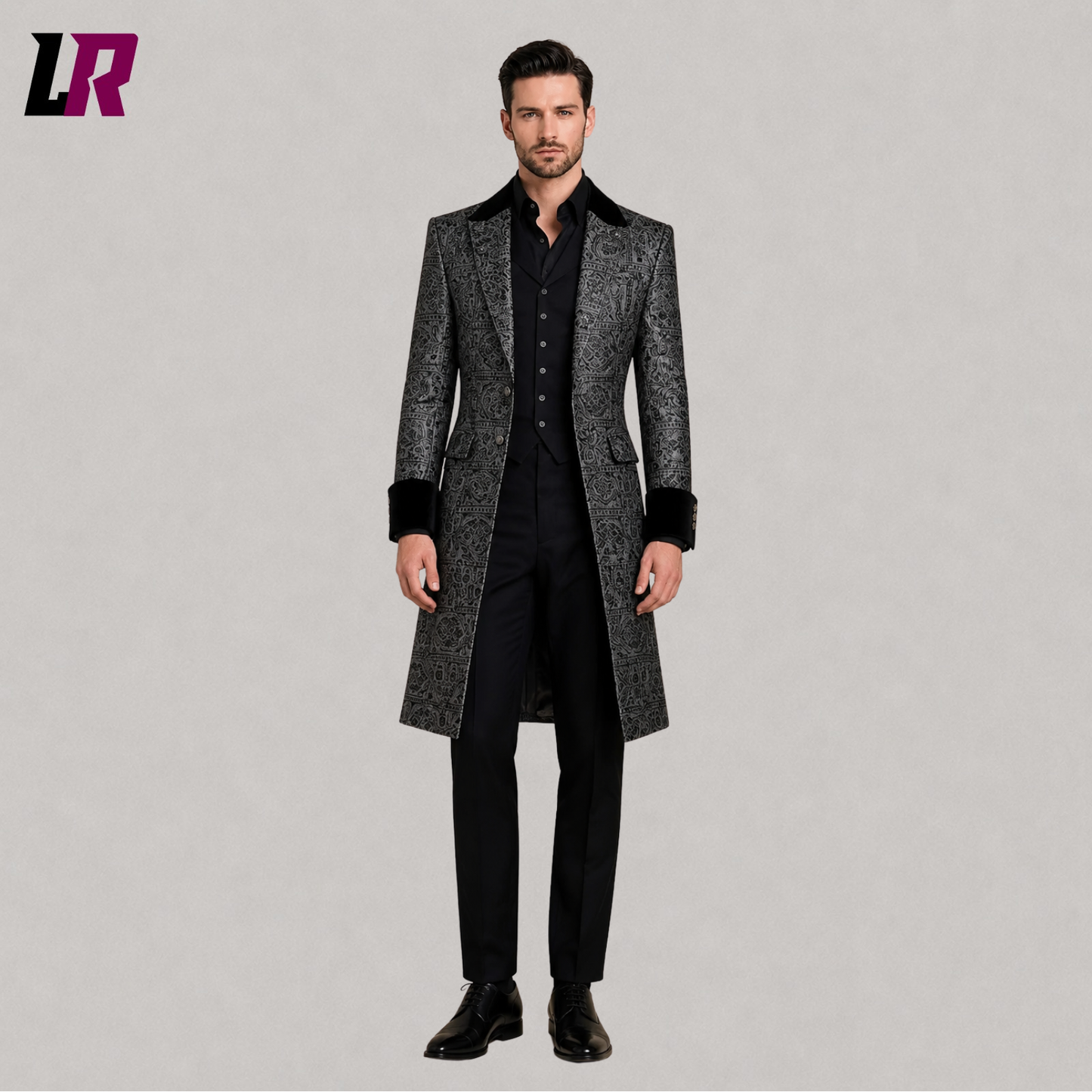 Full front view of men's black silver Victorian Gothic long tailcoat styled for weddings and formal occasions