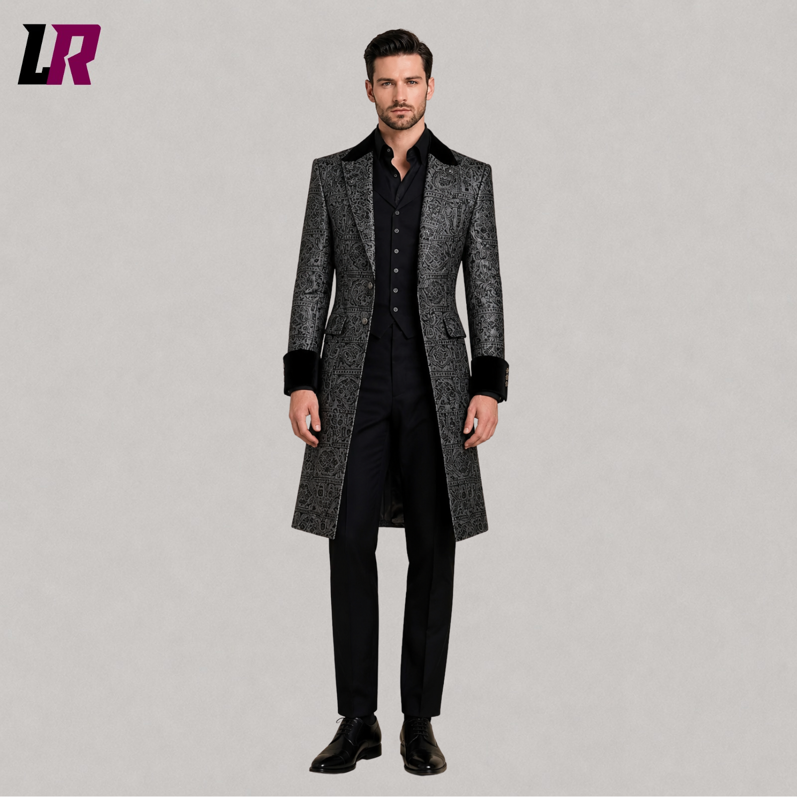 Full front view of men's black silver Victorian Gothic long tailcoat styled for weddings and formal occasions