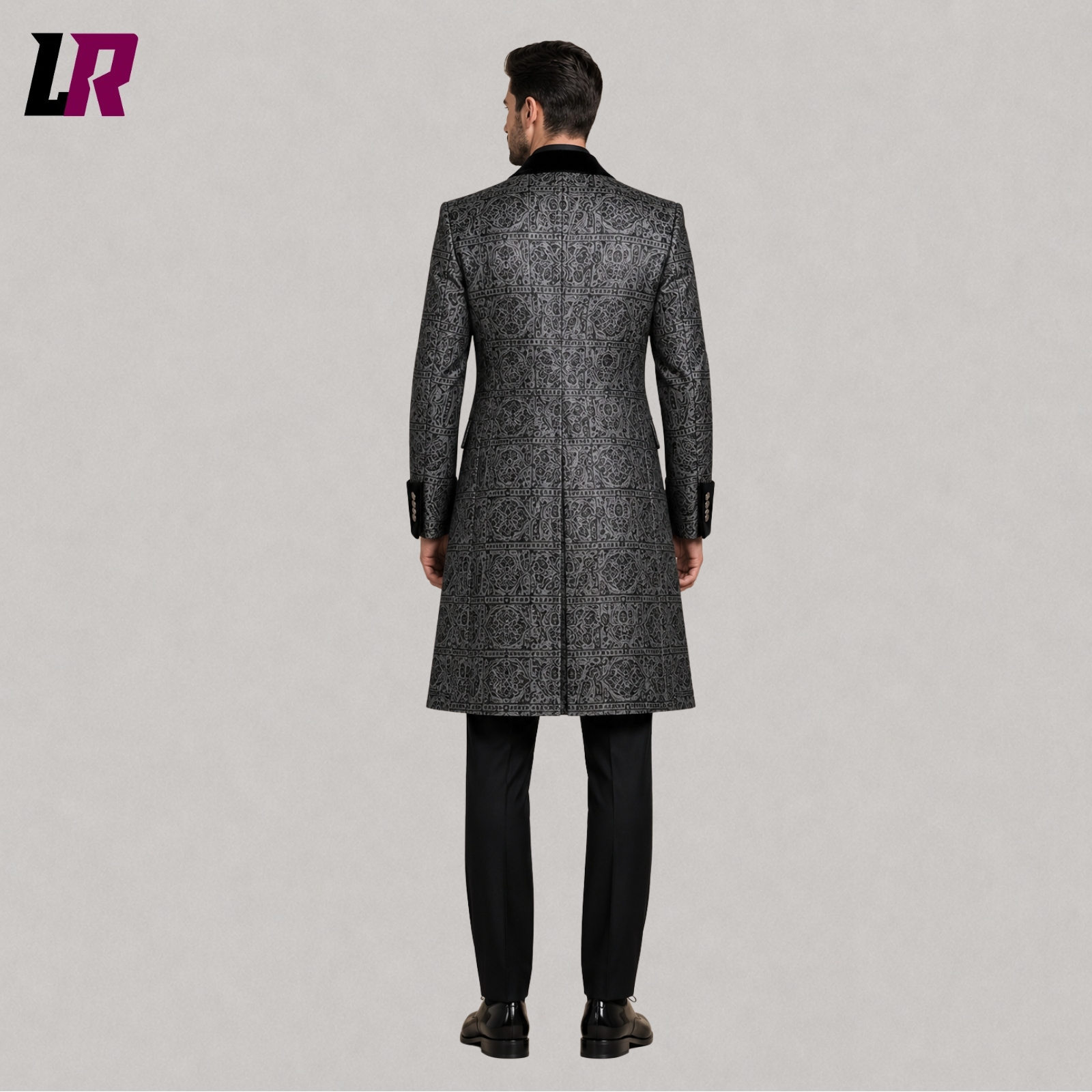 Back view of men's black silver brocade long coat showcasing the elegant Victorian tailcoat design