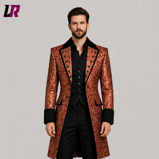 Close-up of men's red gold brocade long coat featuring luxurious Victorian Gothic floral detailing