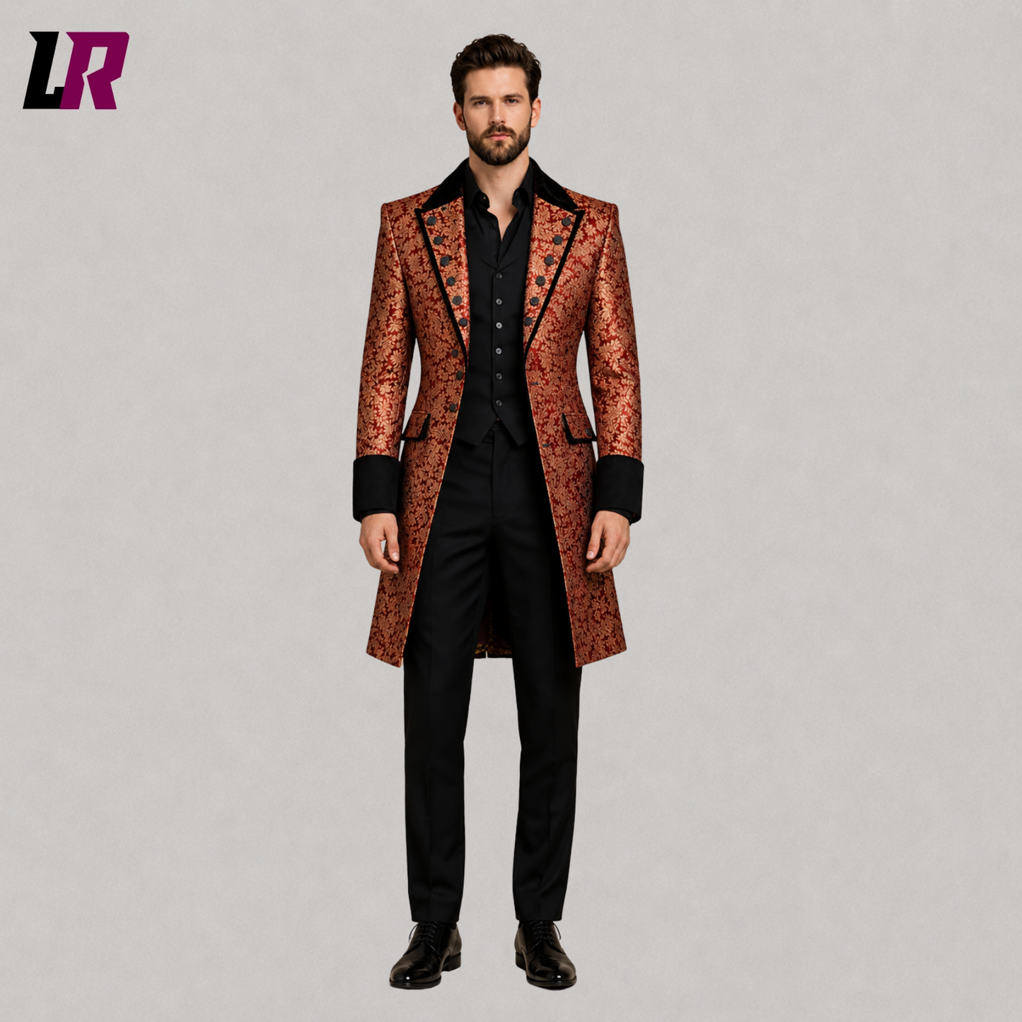 Full front view of men's red gold Victorian Gothic long tailcoat styled for weddings and formal occasions