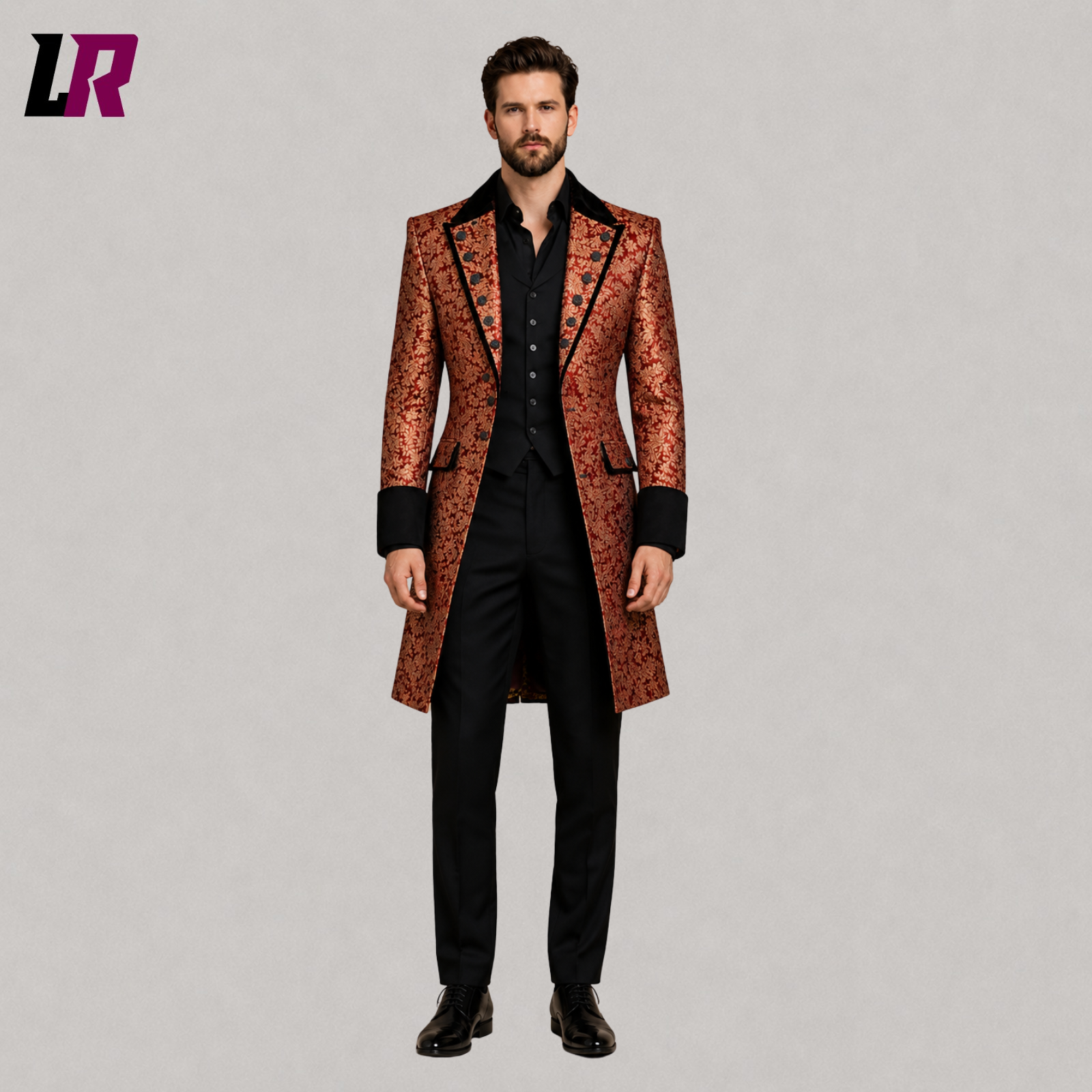 Full front view of men's red gold Victorian Gothic long tailcoat styled for weddings and formal occasions