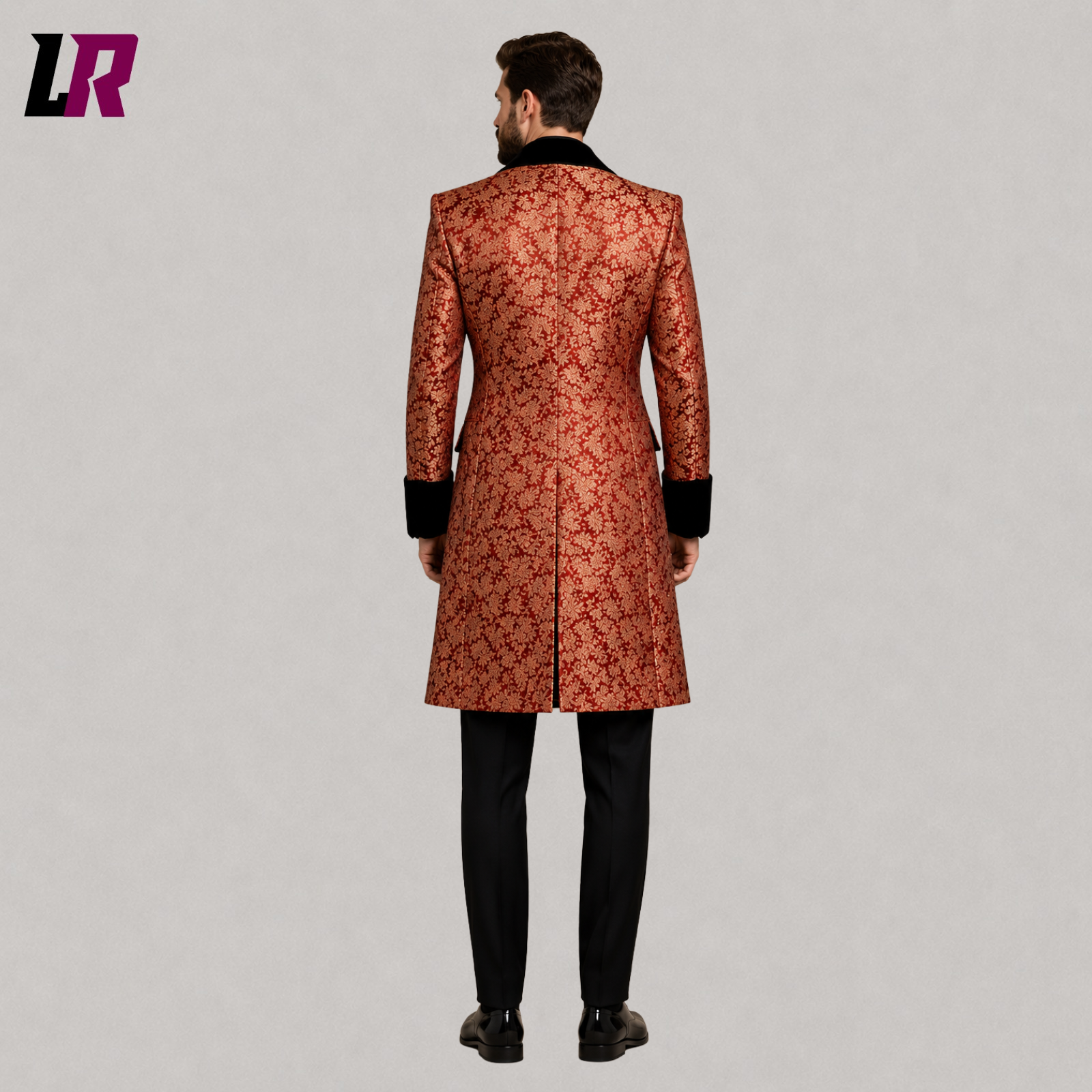 Back view of men's red gold brocade long coat showcasing the elegant Victorian tailcoat design