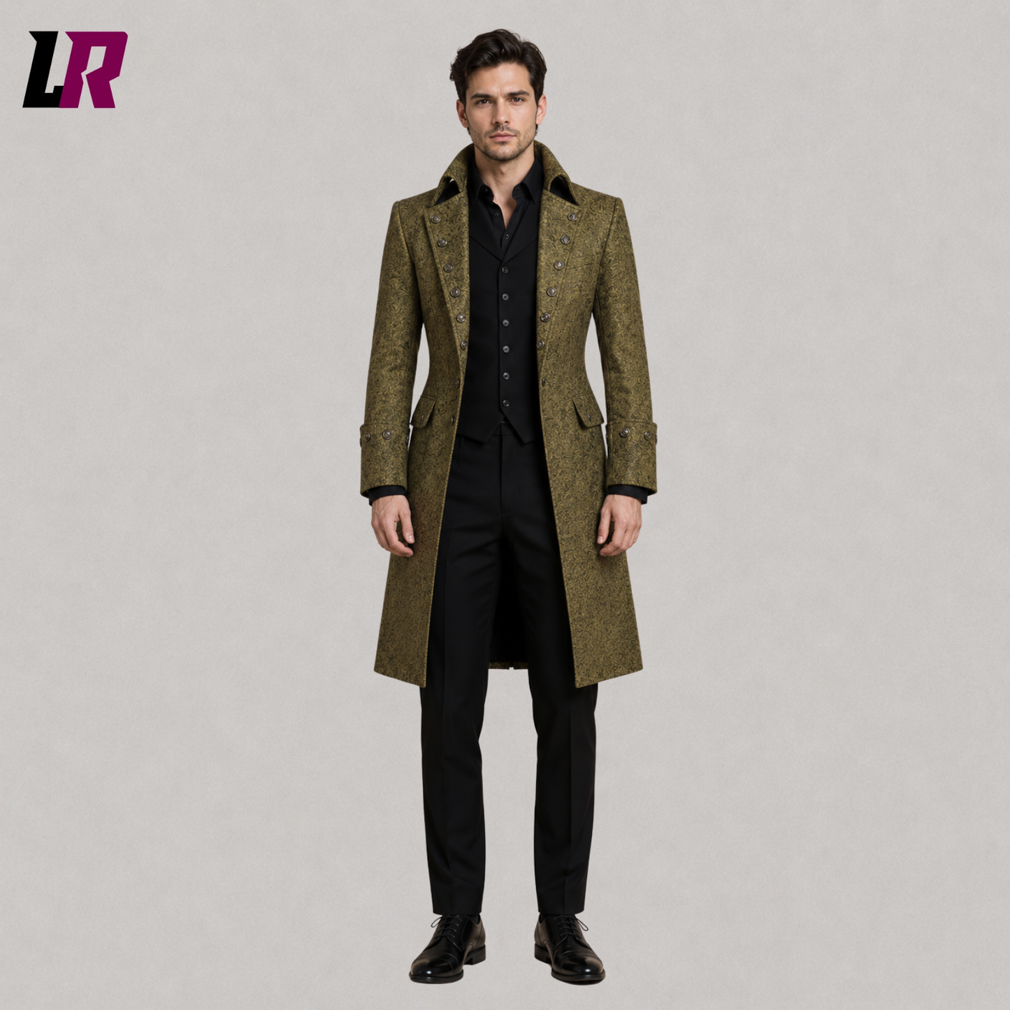 Full front view of men's olive green Victorian Gothic brocade long coat styled for weddings and formal occasions