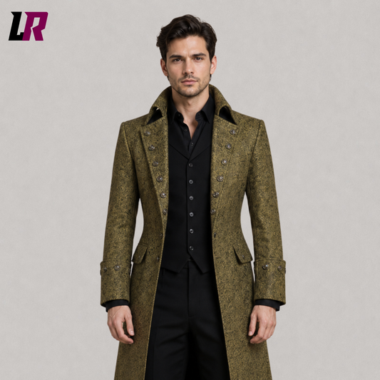Close-up of men's olive green brocade long coat featuring luxurious Victorian Gothic floral detailing