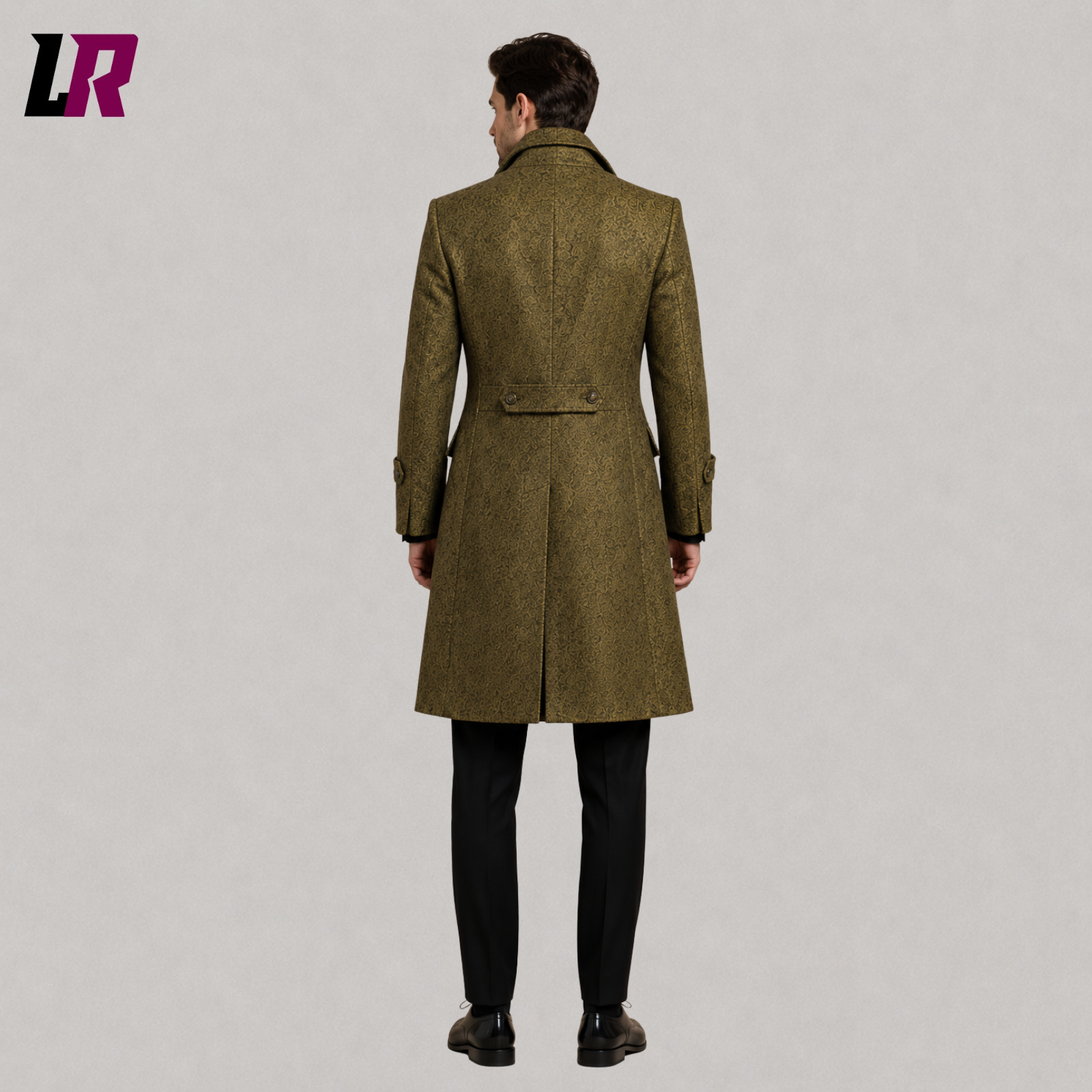 Back view of men's olive green brocade long coat showcasing the elegant Victorian tailcoat design