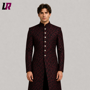 Men's Red Black Brocade Long Coat | Luxury Gothic Sherwani Jacket
