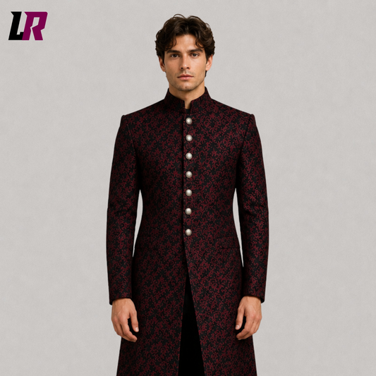 Close-up of men's red black brocade long coat featuring luxurious Gothic royal detailing