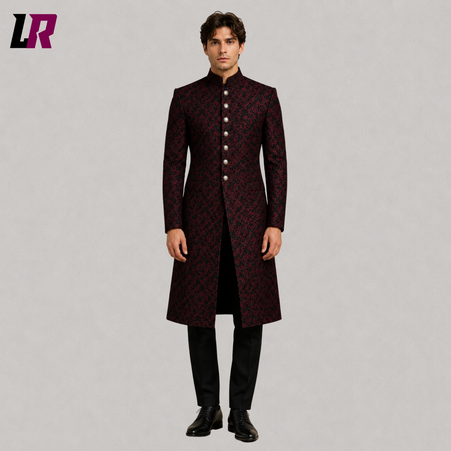 Full front view of men's red black brocade long coat styled as a luxury sherwani wedding outfit