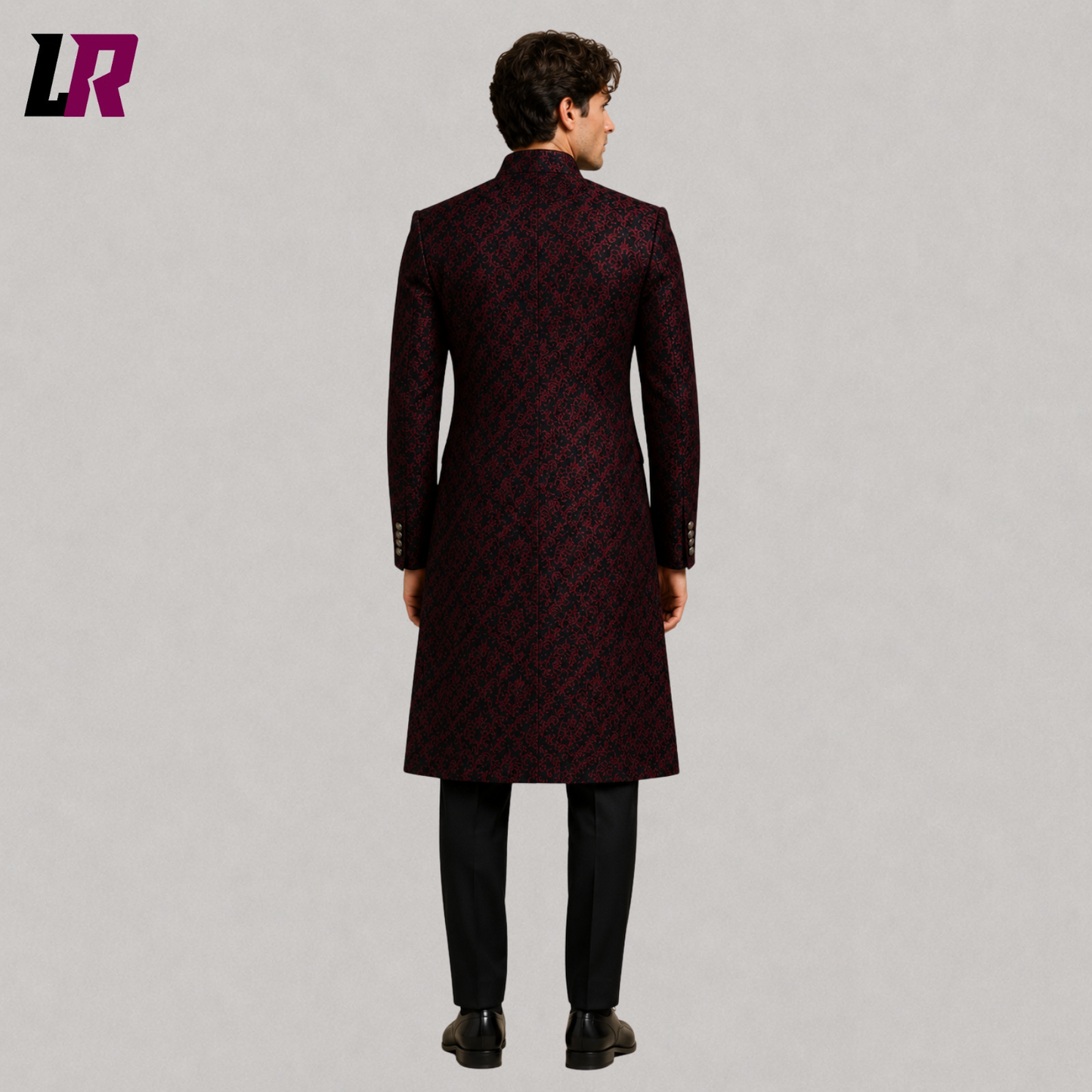 Back view of men's red black brocade long coat showcasing the elegant royal long coat design