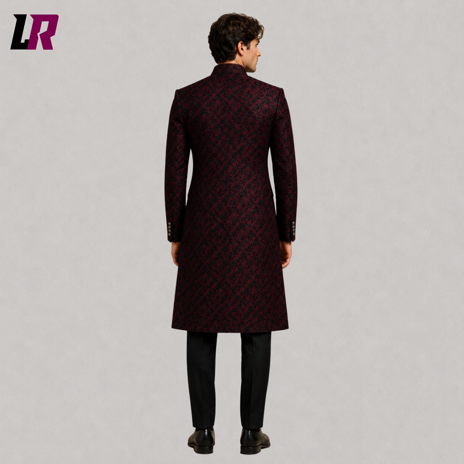 Back view of men's red black brocade long coat showcasing the elegant royal long coat design