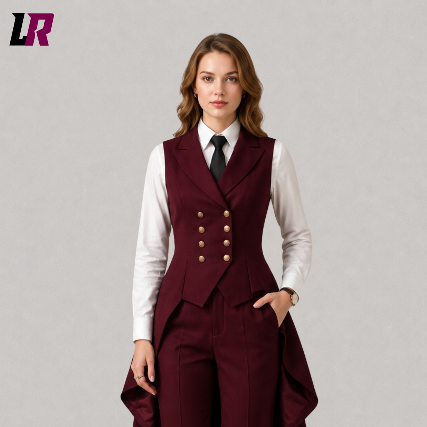 Close-up of women's burgundy tailcoat tuxedo suit featuring elegant double-breasted waistcoat detailing