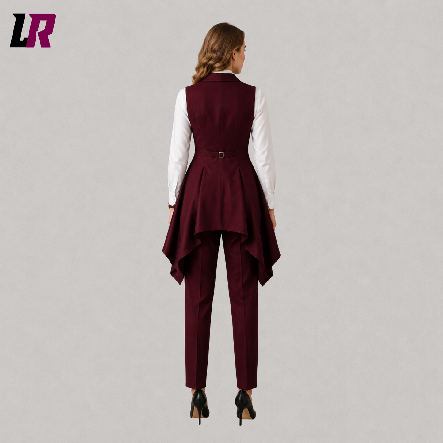 Back view of women's burgundy tailcoat tuxedo suit showcasing the elegant long coat design