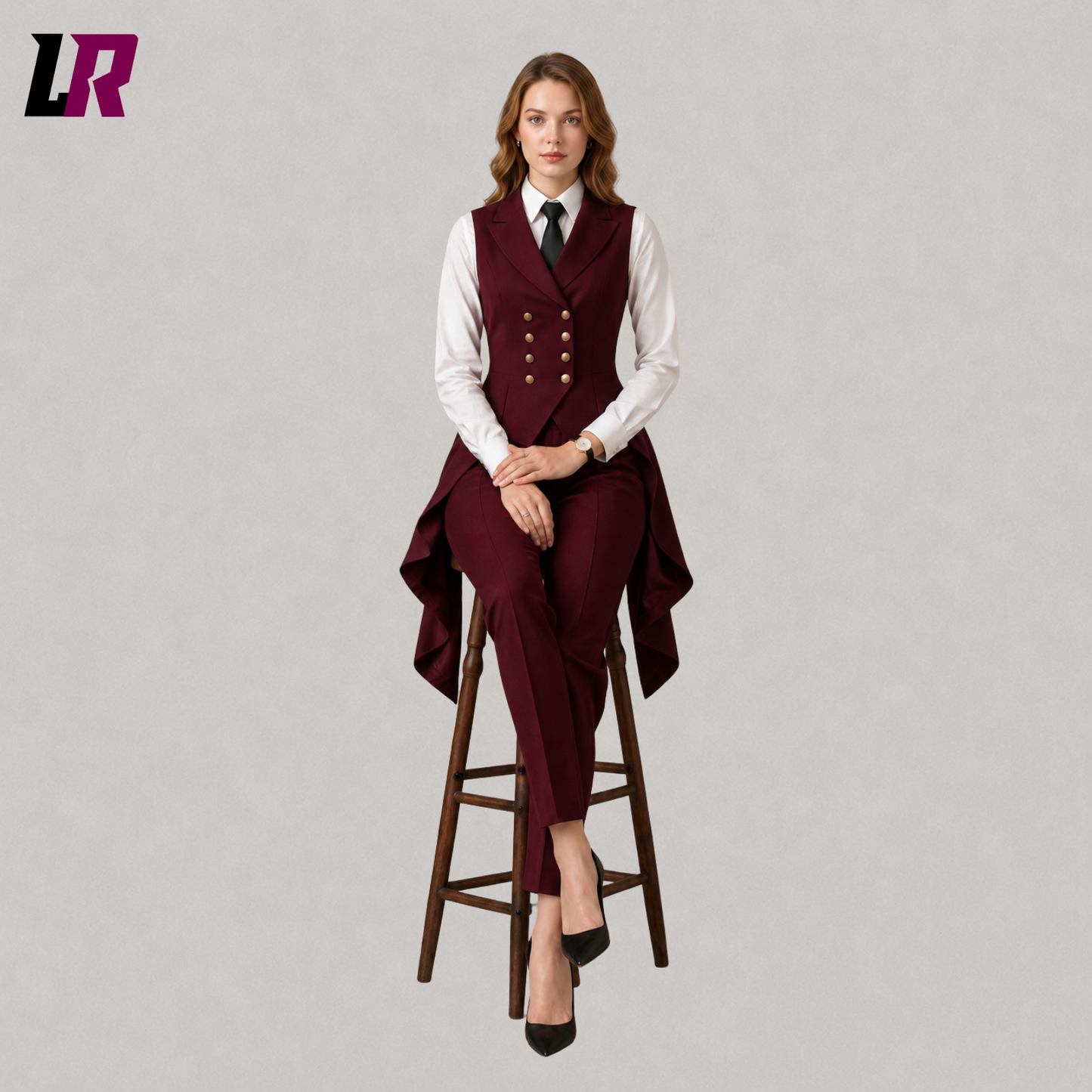 Women's burgundy tailcoat tuxedo suit with model seated on a stool in a luxury formal fashion pose