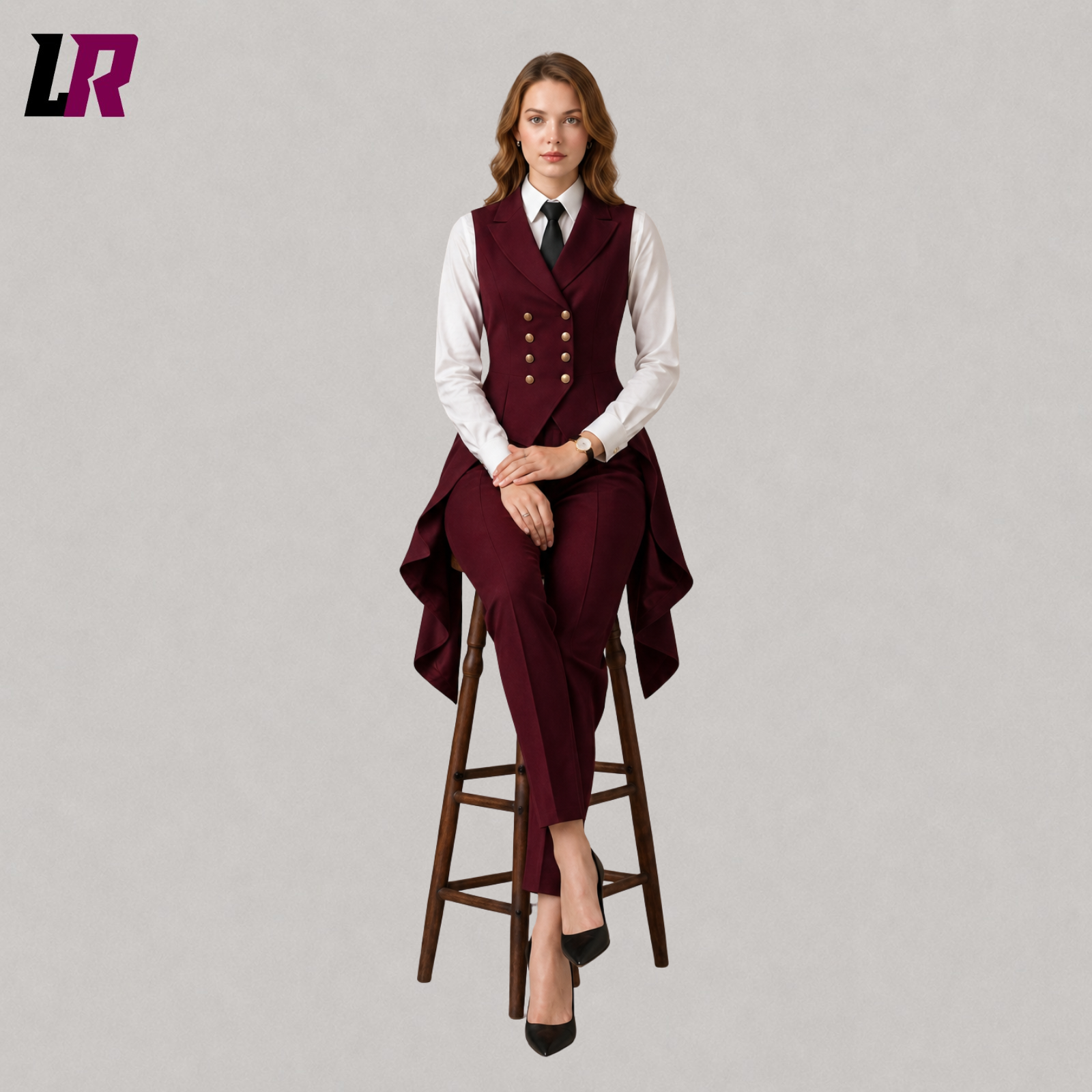 Women's burgundy tailcoat tuxedo suit with model seated on a stool in a luxury formal fashion pose