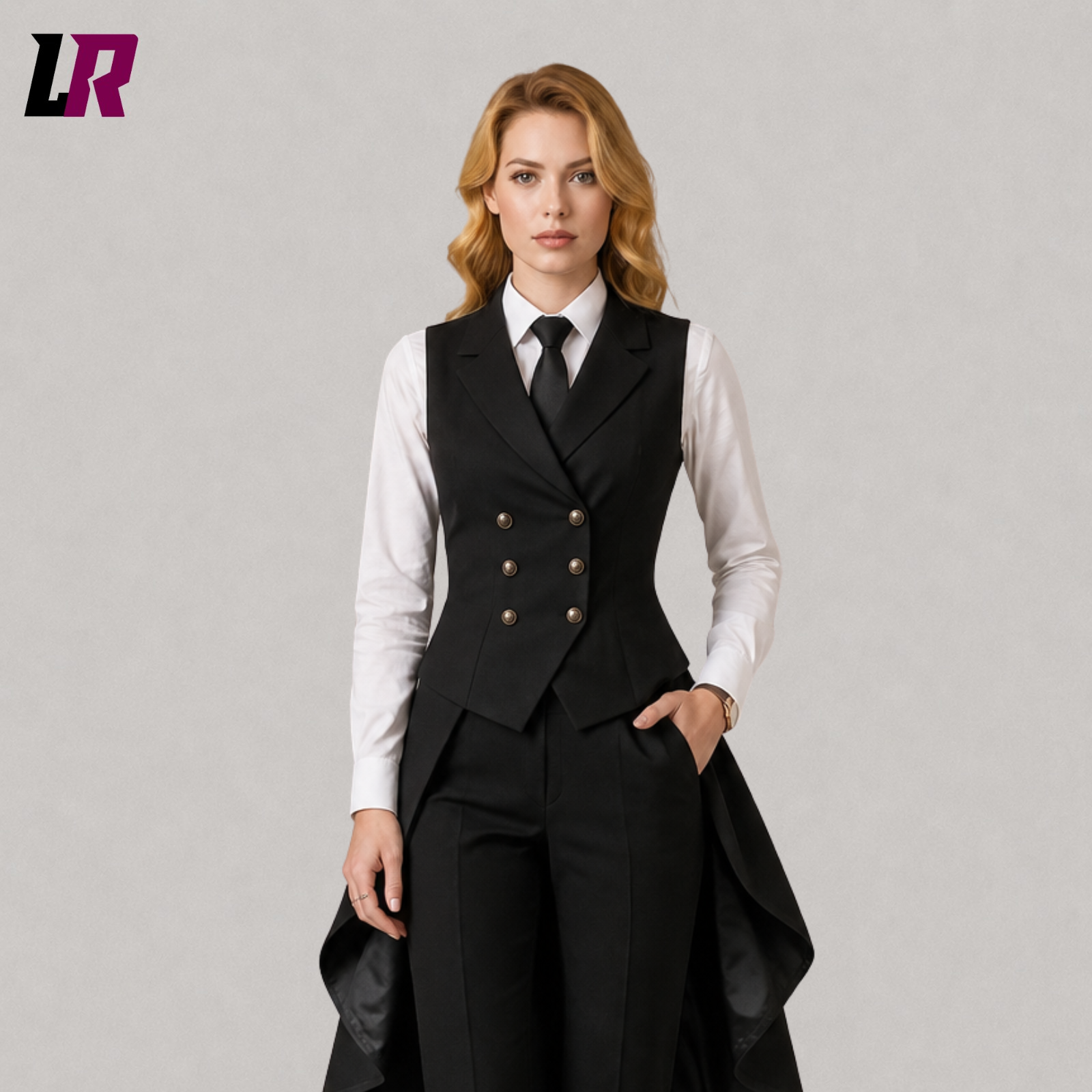 Close-up of women's black Victorian Gothic tailcoat suit featuring elegant waistcoat and blazer detailing