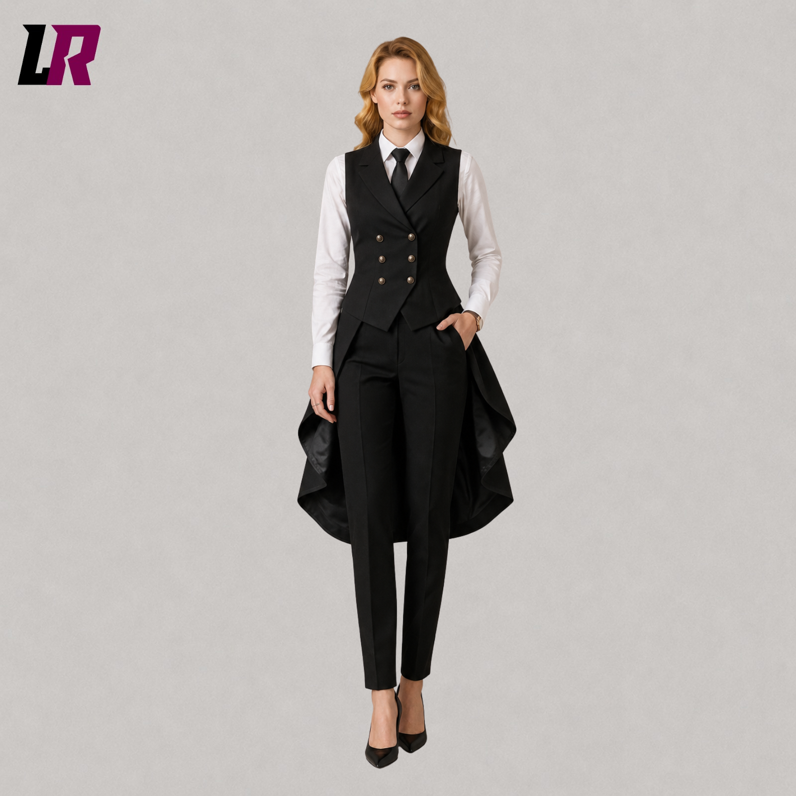 Full front view of women's black Victorian tailcoat tuxedo suit with matching vest and formal trousers