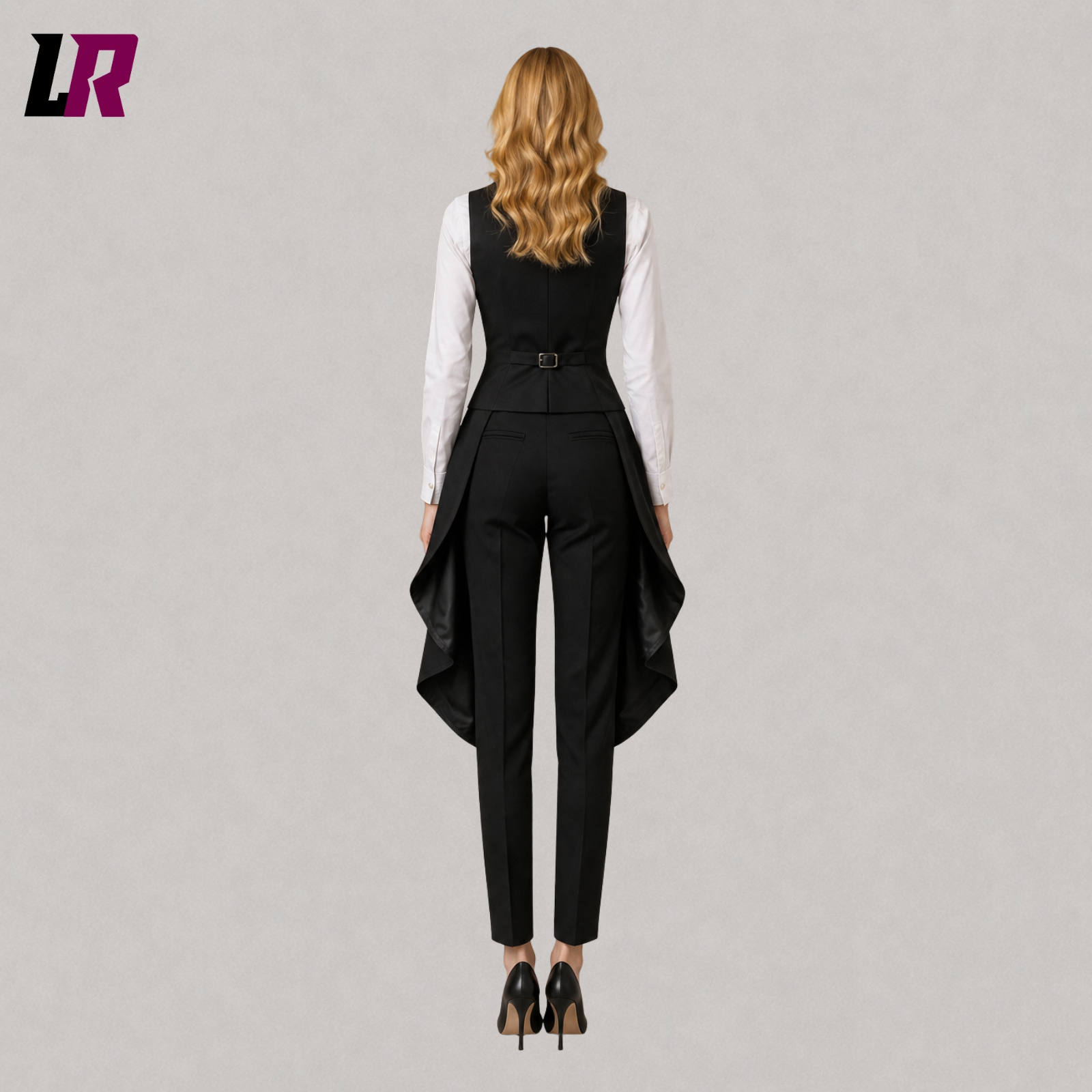 Back view of women's black Victorian tailcoat suit showcasing the elegant long blazer design