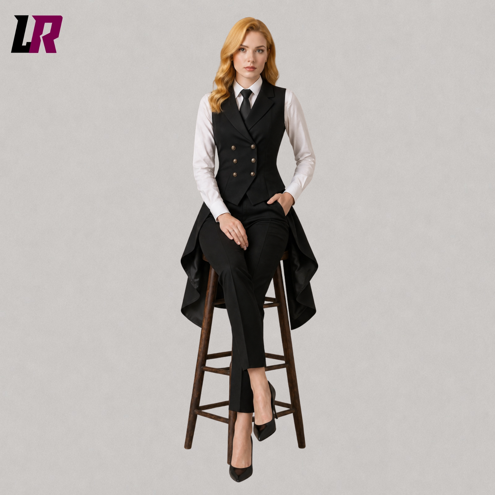 Women's black Victorian Gothic tailcoat suit with model seated on a stool in a luxury formal fashion pose